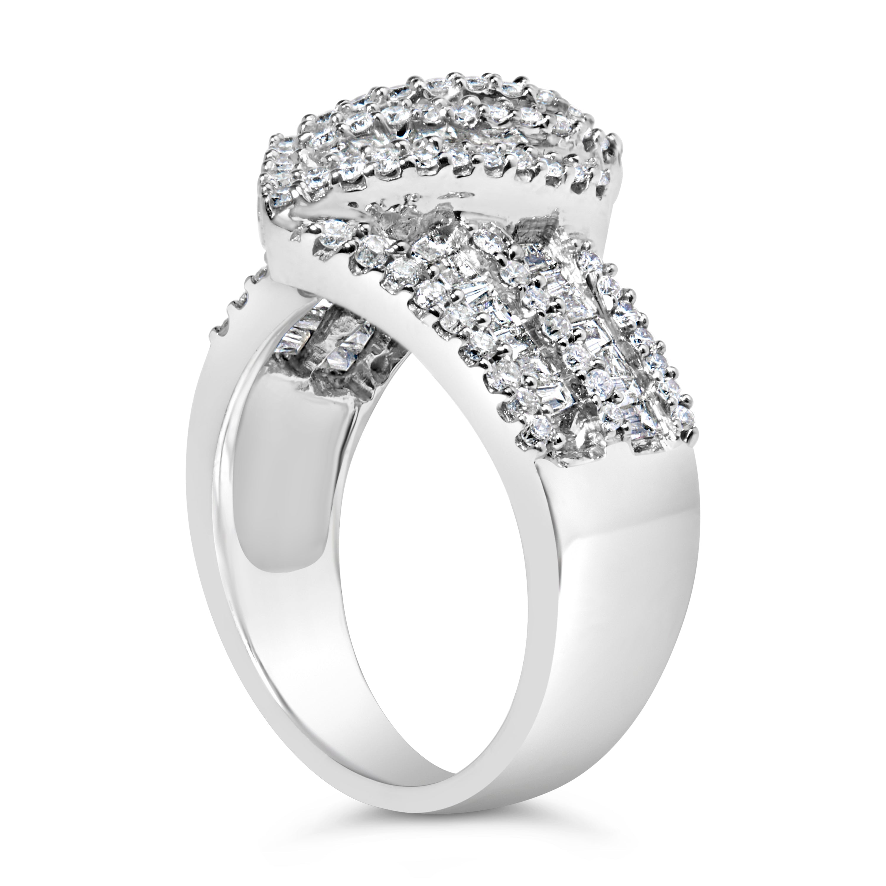 14K White Gold 1-1/2 Cttw Round and Baguette Diamond Bypass Cocktail Ring Band (H-I Color, SI1-SI2 Clarity) - Size 7