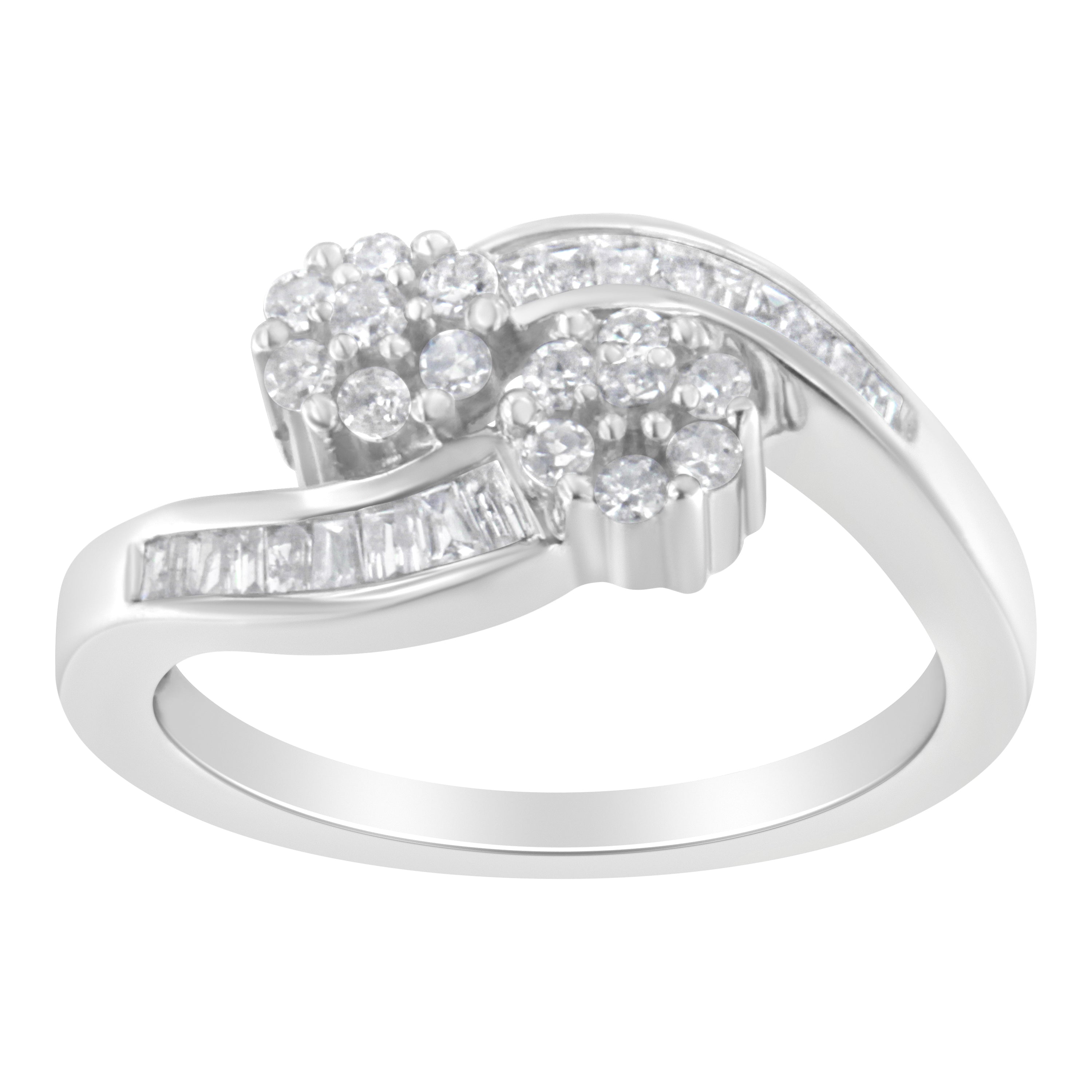 14K White Gold Round and Baguette Diamond Bypass Ring (1/2 cttw, H-I Color, I1-I2 Clarity) - Ring Size 6