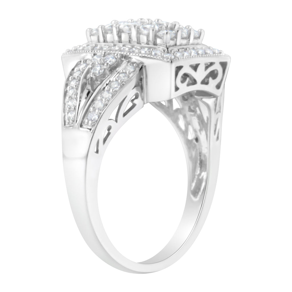 10K White Gold 1.0 Cttw Diamond Rectangular Cushion Shaped Cluster Halo Flared Band Cocktail Fashion Ring (H-I Color, SI2-I1 Clarity) - Size 7