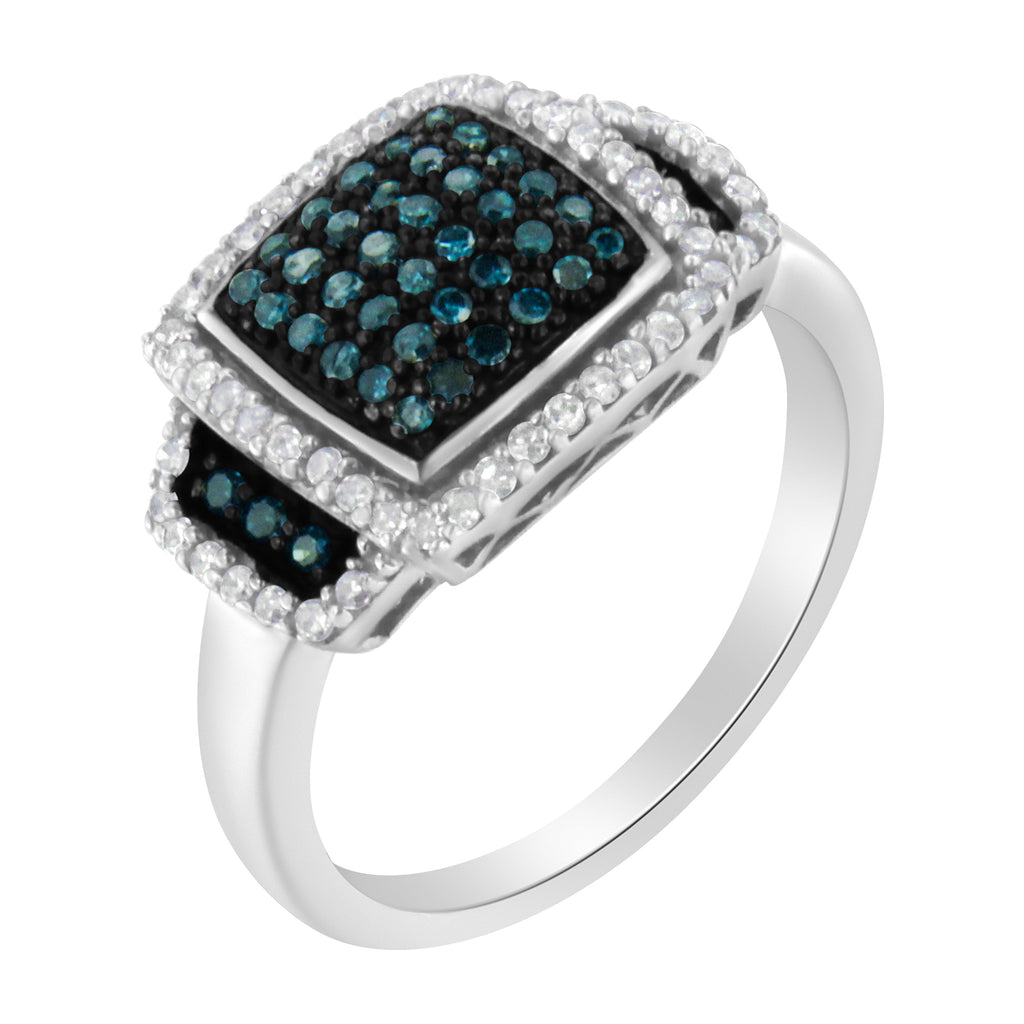 Black Rhodium Plated .925 Sterling Silver 1/2 Cttw White & Blue Diamond Square Halo Cocktail Ring (Fancy Blue & H-I Color, I2-I3 Clarity) - Size 6