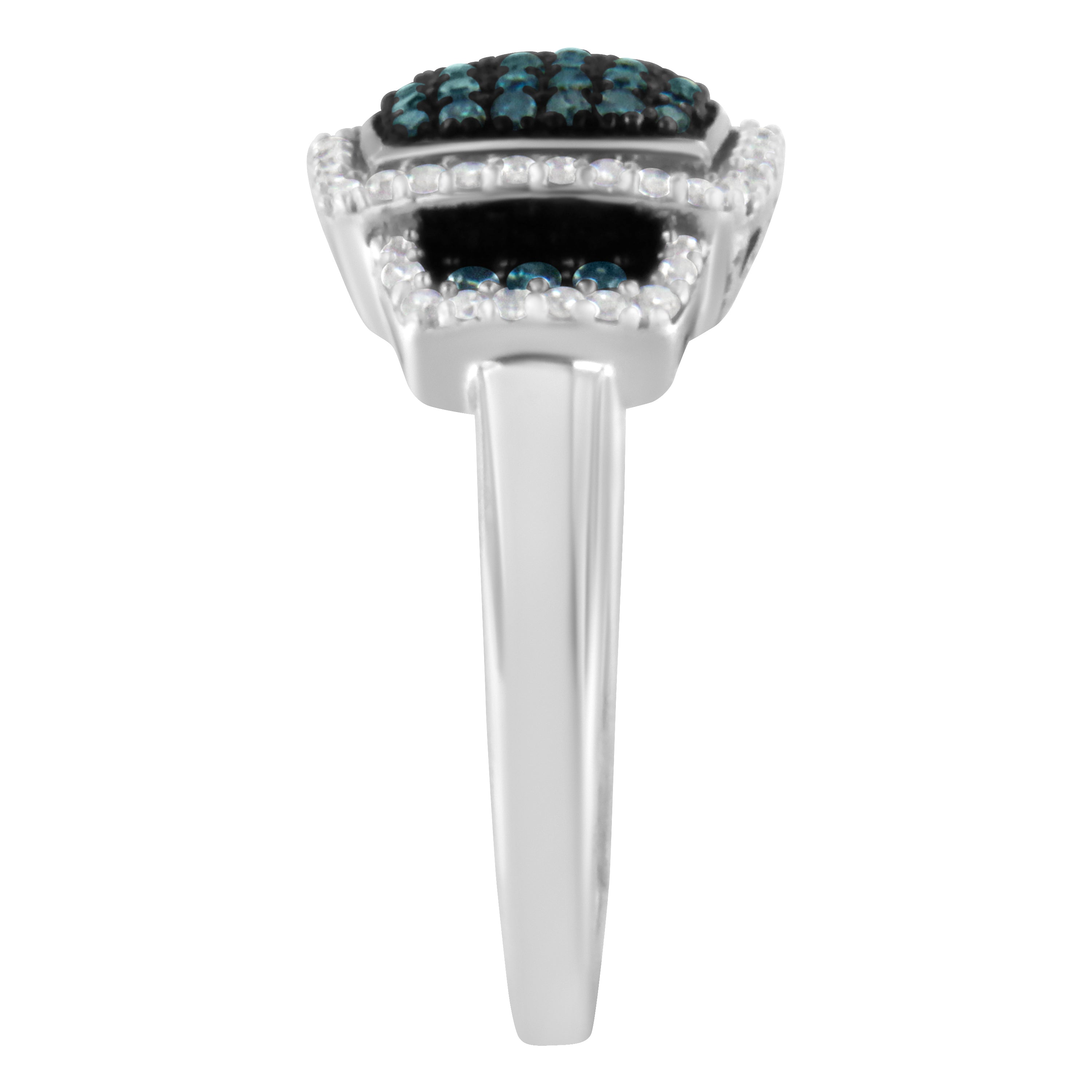 Black Rhodium Plated .925 Sterling Silver 1/2 Cttw White & Blue Diamond Square Halo Cocktail Ring (Fancy Blue & H-I Color, I2-I3 Clarity) - Size 6