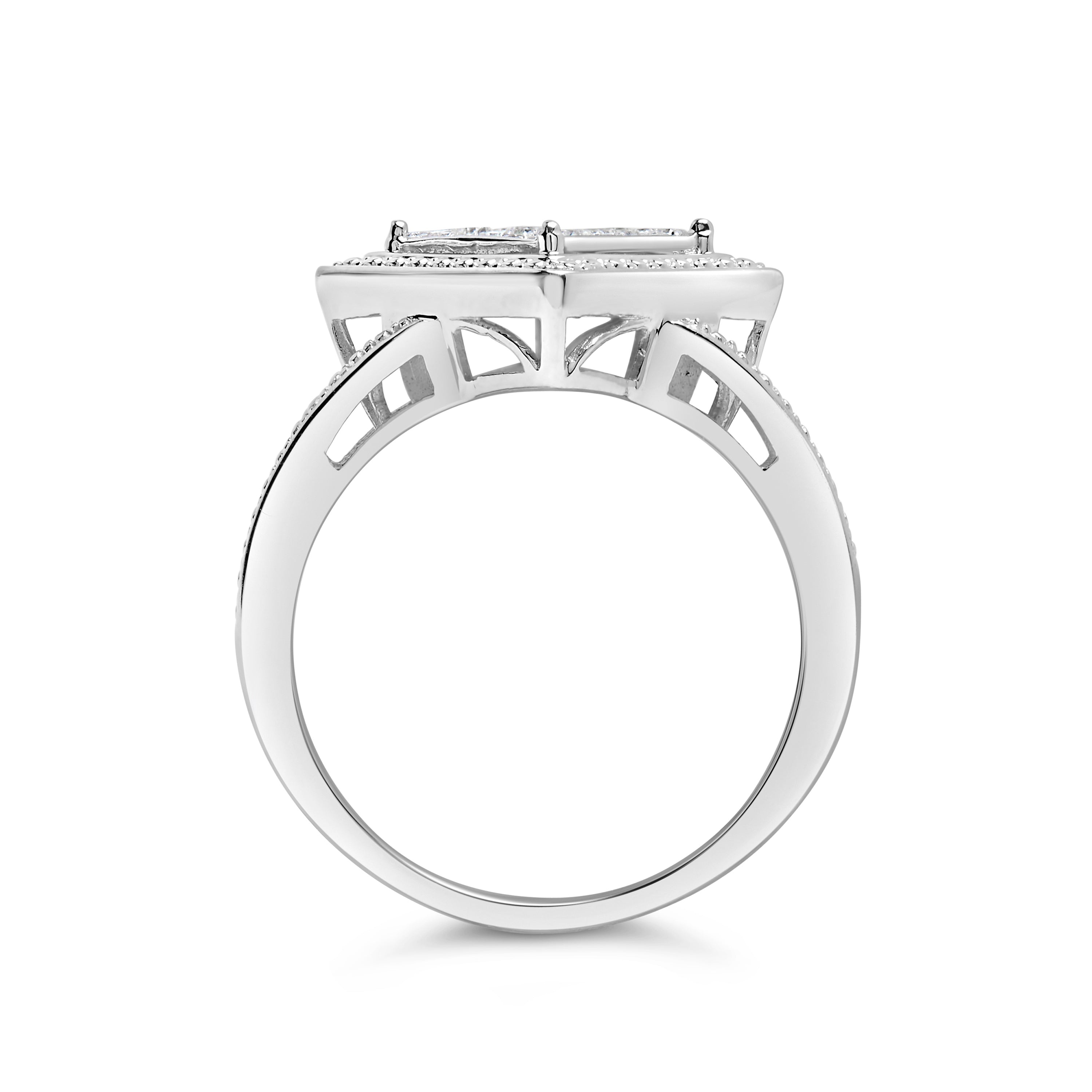 .925 Sterling Silver 1/3 Cttw Invisible Set Princess-Cut Diamond Rhombus and Beaded Halo Ring (H-I Color, SI1-SI2 Clarity) - Ring Size 7