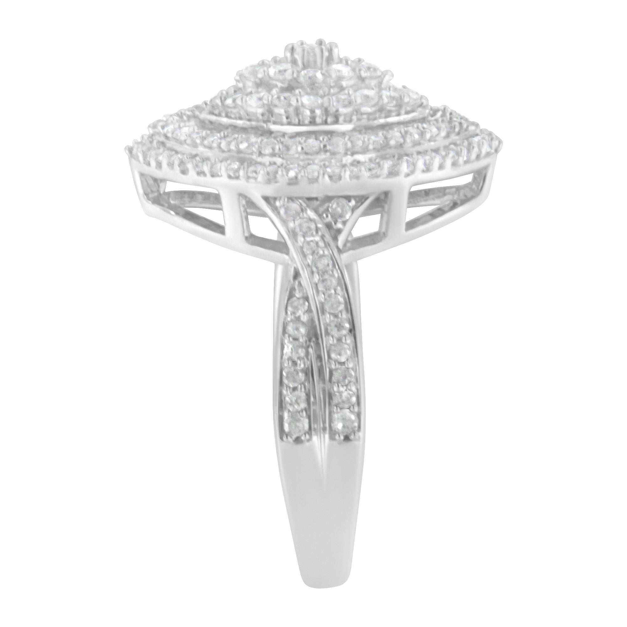 .925 Sterling Silver 1.0 Cttw Round & Baguette-Cut Diamond Marquise-Shaped Cluster Triple Stepped Halo Cocktail Fashion Ring (I-J Color, I2-I3 Clarity) - Size 7