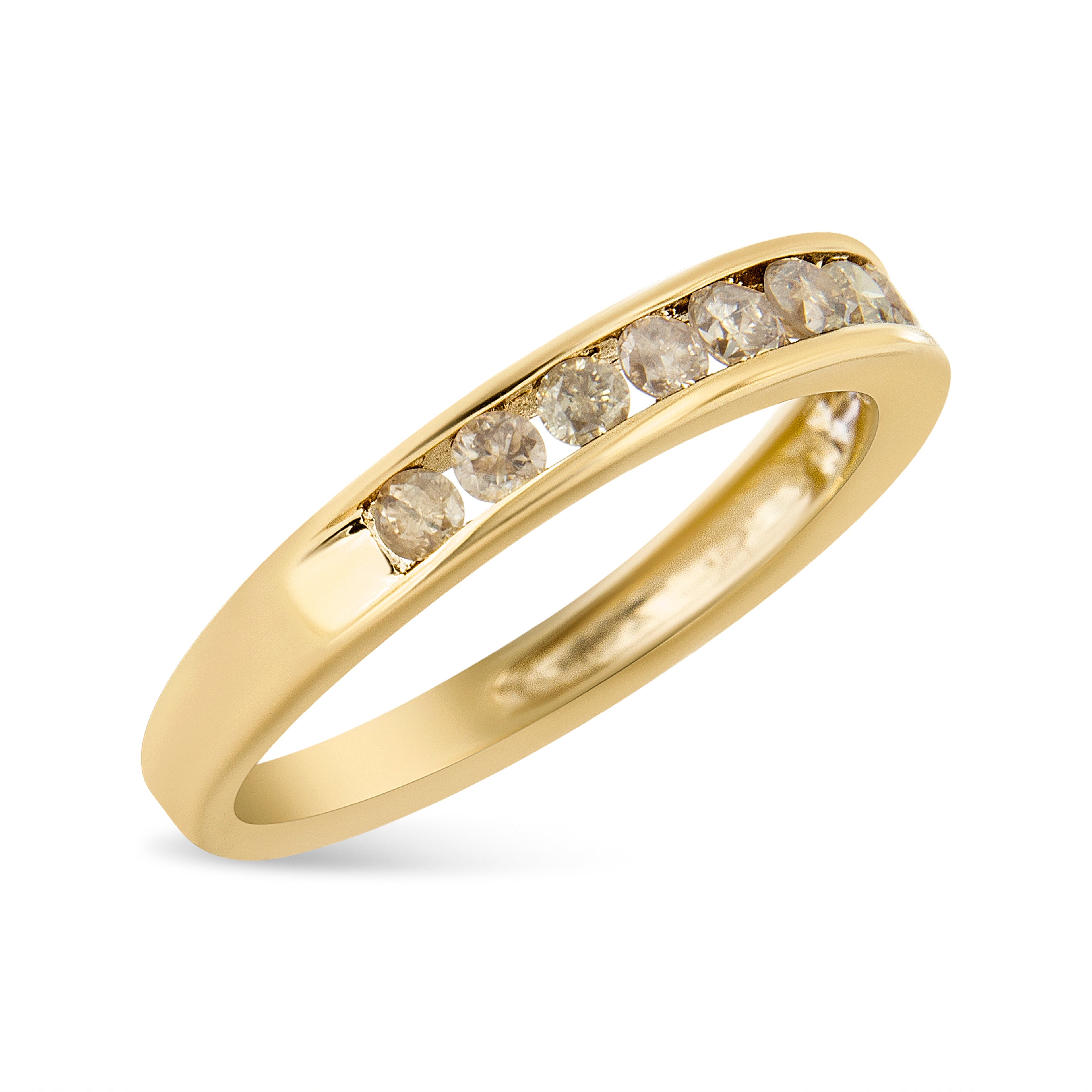 14K Yellow Gold Plated .925 Sterling Silver 1/2 Carat Total Weight Channel Set Round Champagne Diamond 11 Stone Band Ring (K-L Color, I1-I2 Clarity) - Size 7