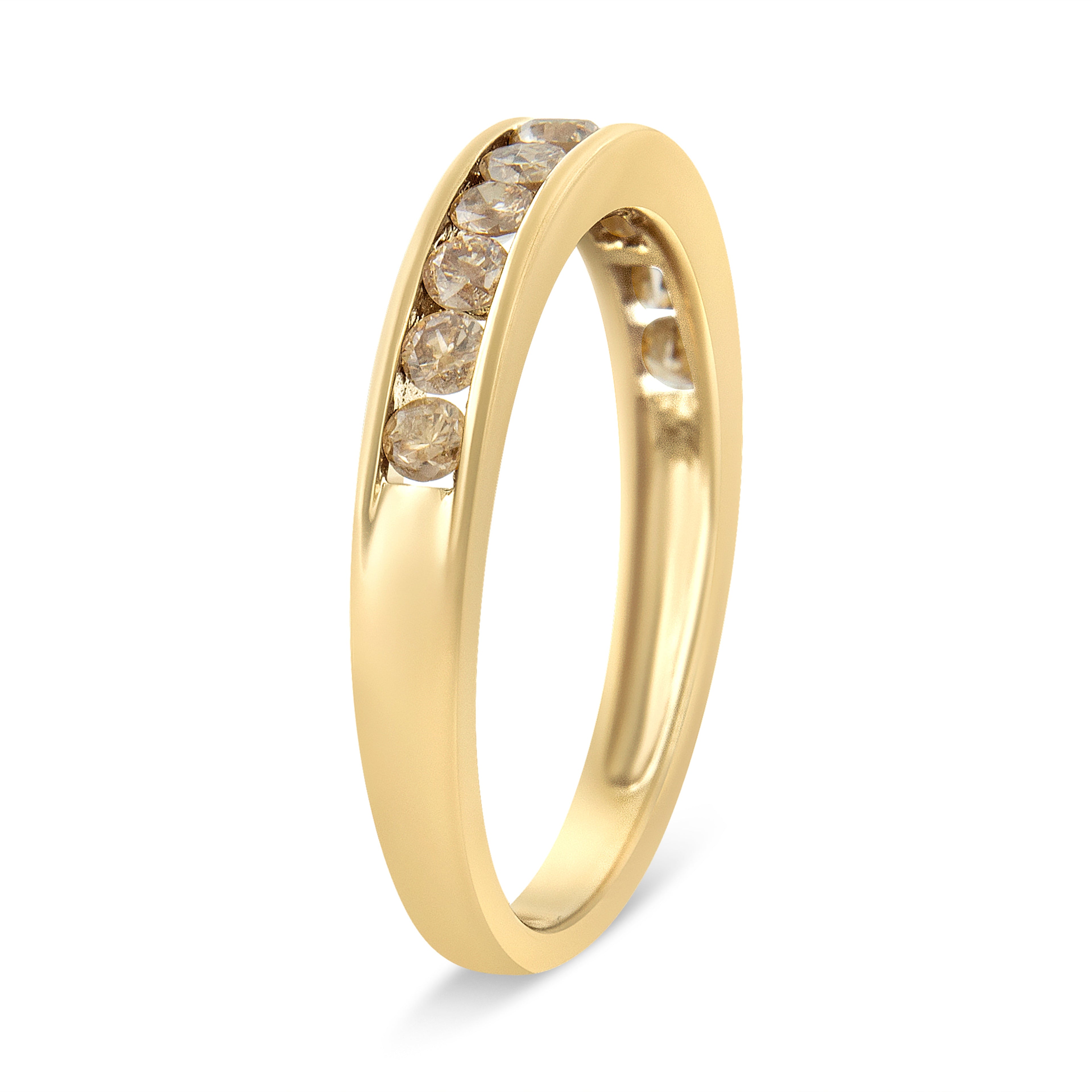 14K Yellow Gold Plated .925 Sterling Silver 1/2 Carat Total Weight Channel Set Round Champagne Diamond 11 Stone Band Ring (K-L Color, I1-I2 Clarity) - Size 7