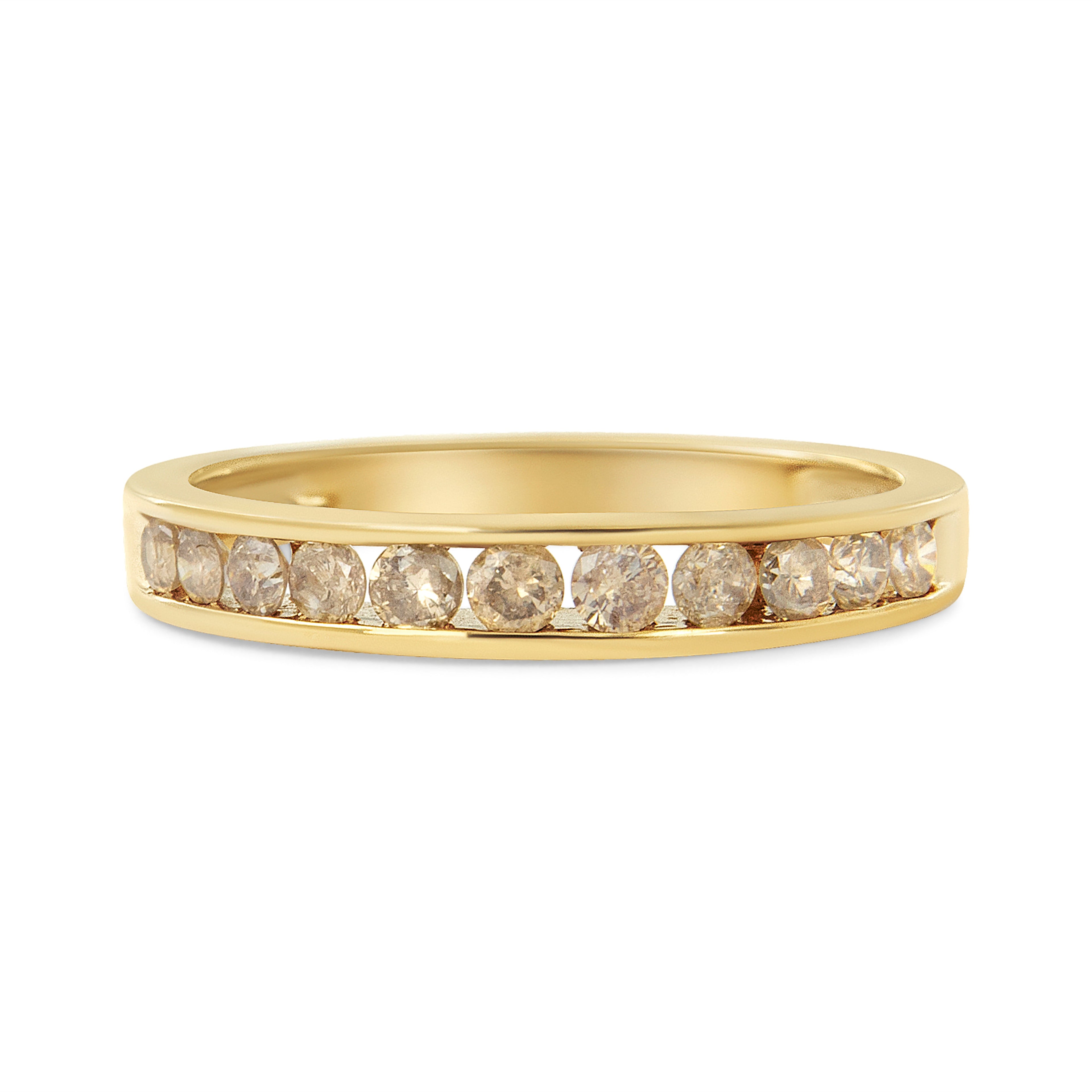 14K Yellow Gold Plated .925 Sterling Silver 1/2 Carat Total Weight Channel Set Round Champagne Diamond 11 Stone Band Ring (K-L Color, I1-I2 Clarity) - Size 7