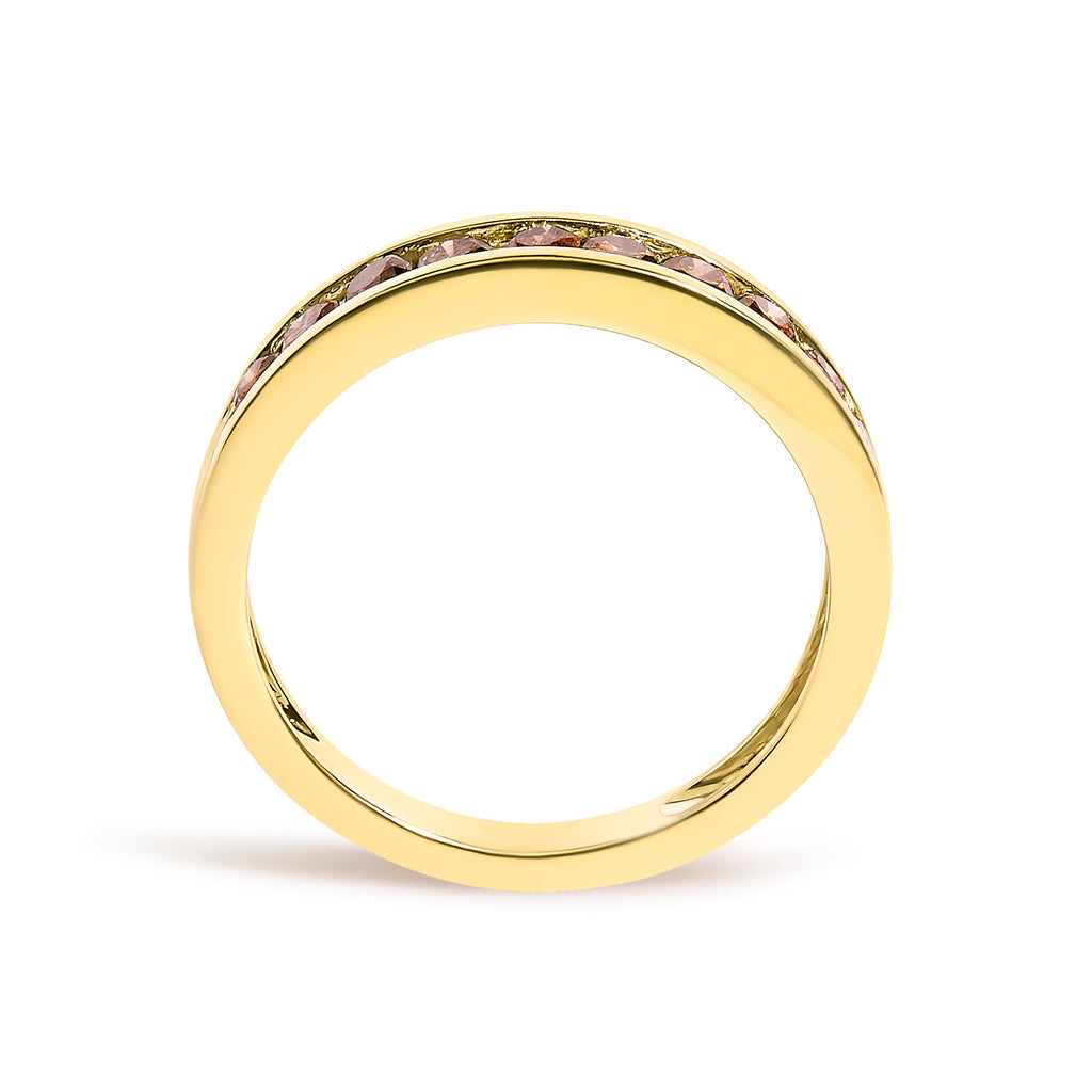 14K Yellow Gold Plated .925 Sterling Silver 1/2 Carat Total Weight Channel Set Round Champagne Diamond 11 Stone Band Ring (K-L Color, I1-I2 Clarity) - Size 7