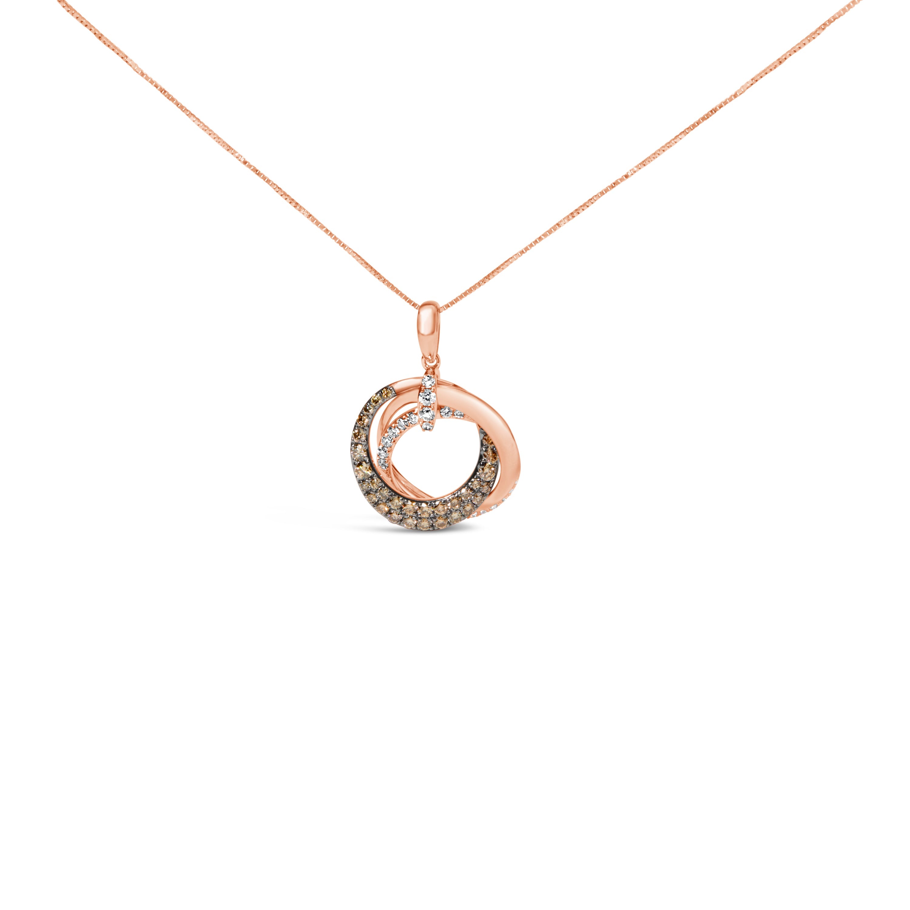14K Rose Gold 3/4 Carat Total Weight Brown and White Diamond Interlocking Circle Hoop 18" Inch Pendant Necklace (G-H Color, SI2-I1 Clarity)