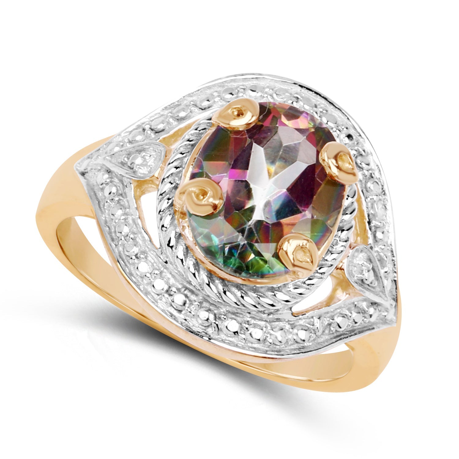 14K Yellow Gold Plated 3.15 Carat Genuine Mystic Quartz .925 Sterling Silver Ring