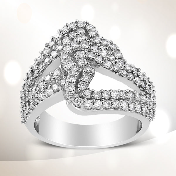 14K White Gold 1 1/2 Carat Total Weight Diamond Open Double Heart Bypass Ring Band (H-I Color, VS1-VS2 Clarity) - Ring Size 7