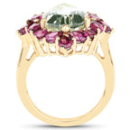 14K Yellow Gold Plated 7.21 Carat Genuine Green Amethyst and Rhodolite .925 Sterling Silver Ring