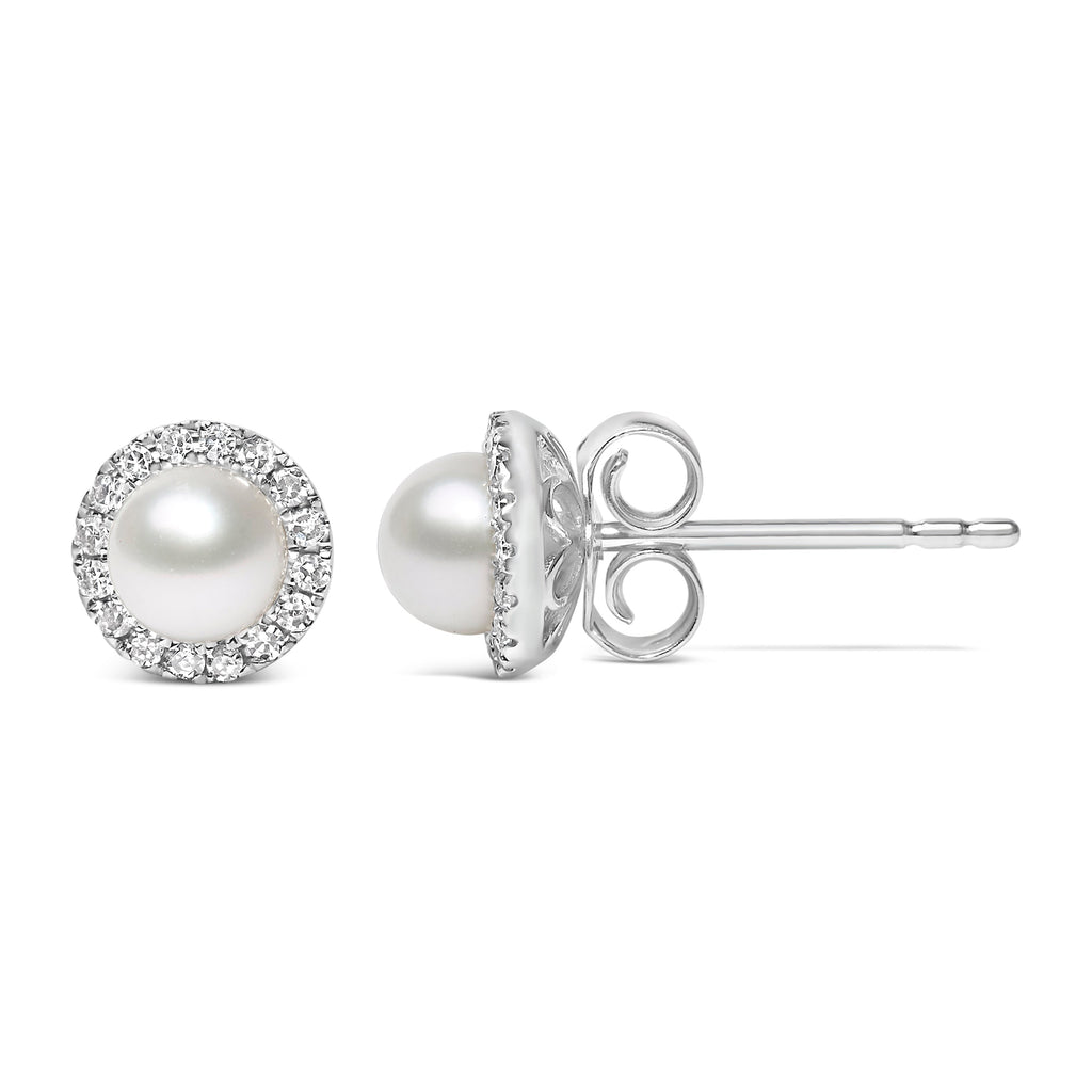 10K White Gold 4.5mm Cultured Freshwater Pearl and 1/7 Carat Total Weight Diamond Halo Stud Earring (I-J Color, I1-I2 Clarity)