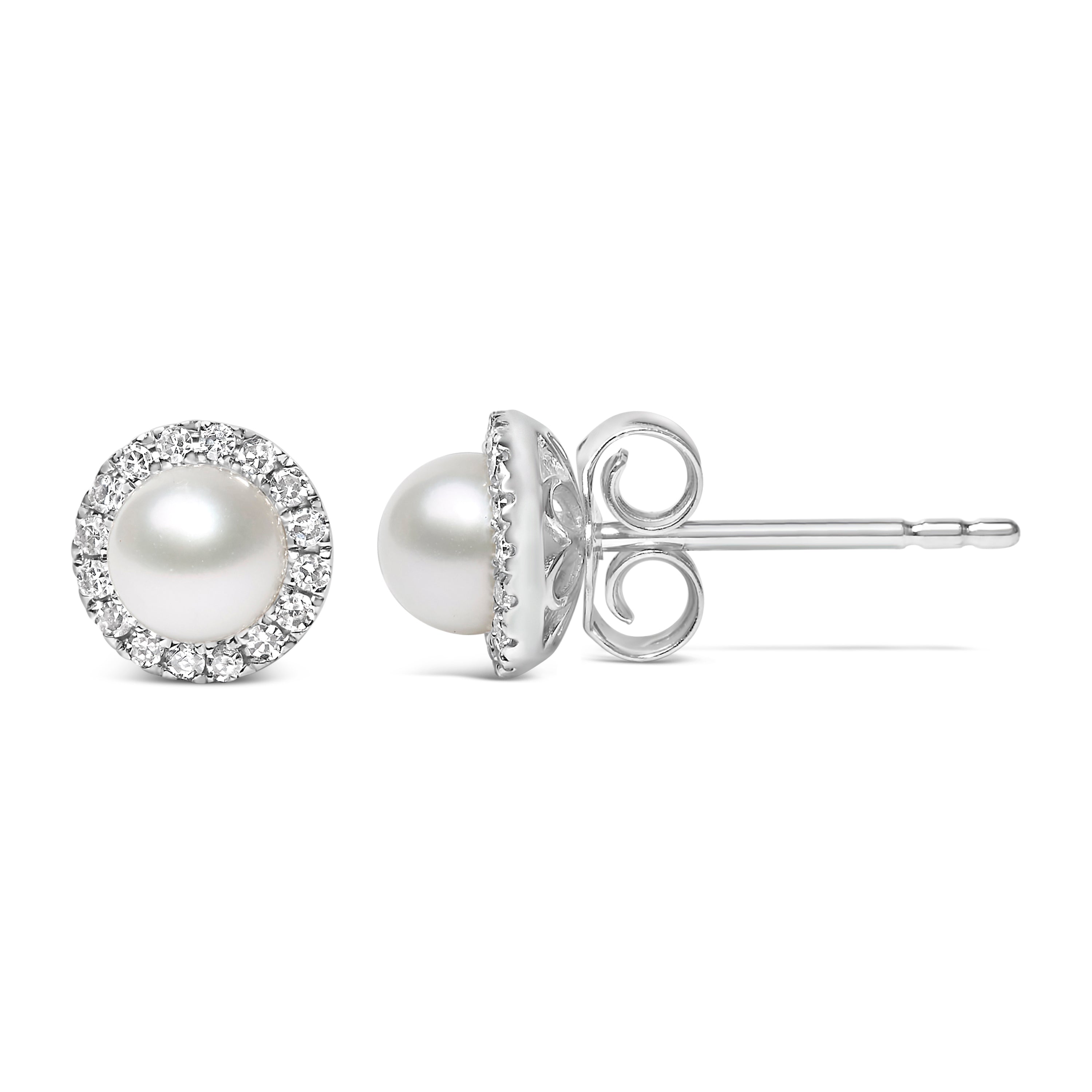 10K White Gold 4.5mm Cultured Freshwater Pearl and 1/7 Carat Total Weight Diamond Halo Stud Earring (I-J Color, I1-I2 Clarity)