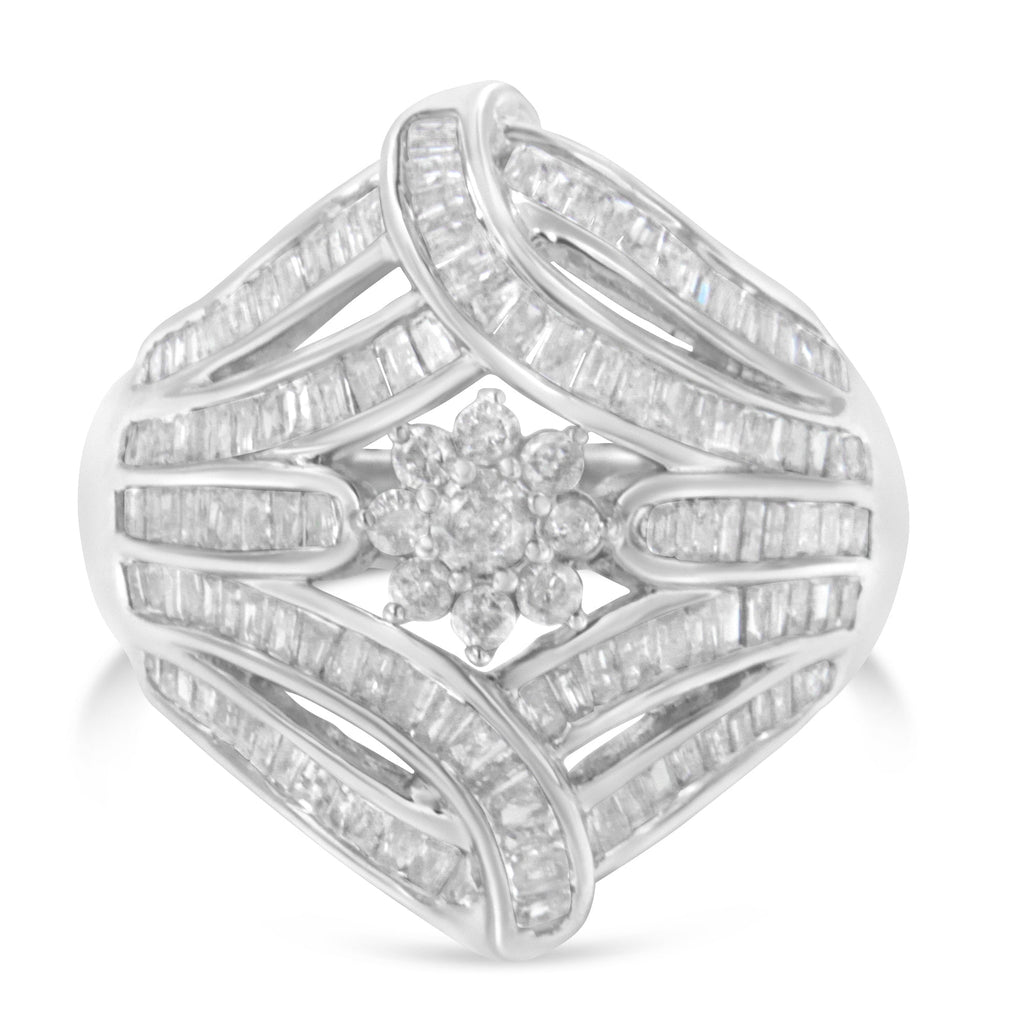 .925 Sterling Silver 1-1/8 Cttw Round & Baguette Diamond 'Flower & Fern' Cluster Cocktail Fashion Ring (I-J Color, I2-I3 Clarity) - Size 6