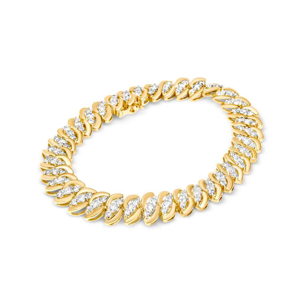 10K Yellow Gold 5.0 Carat Total Weight Diamond Double Row S-Link Cuban Bracelet (J-K Color, I2-I3 Clarity) - 7.25" Inches