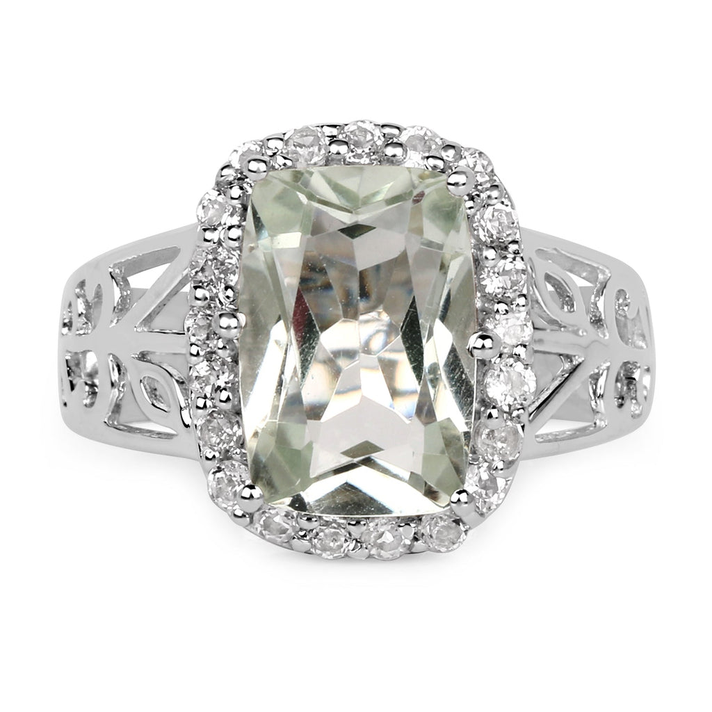 3.94 Carat Genuine Green Amethyst and White Topaz .925 Sterling Silver Ring
