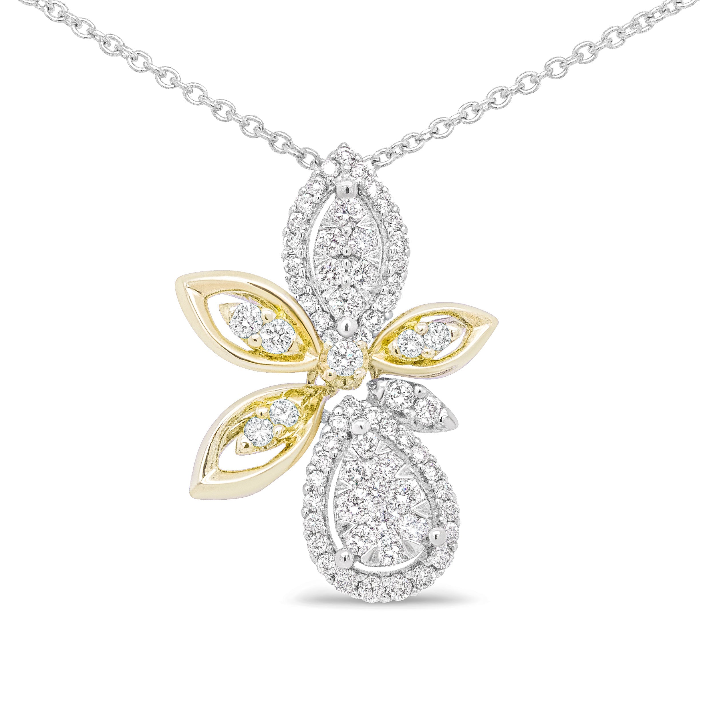 14K White and Yellow Gold 5/8 Carat Total Weight Round Diamond Marquise Floral Style 18" Pendant Necklace (H-I Color, I1-I2 Clarity)