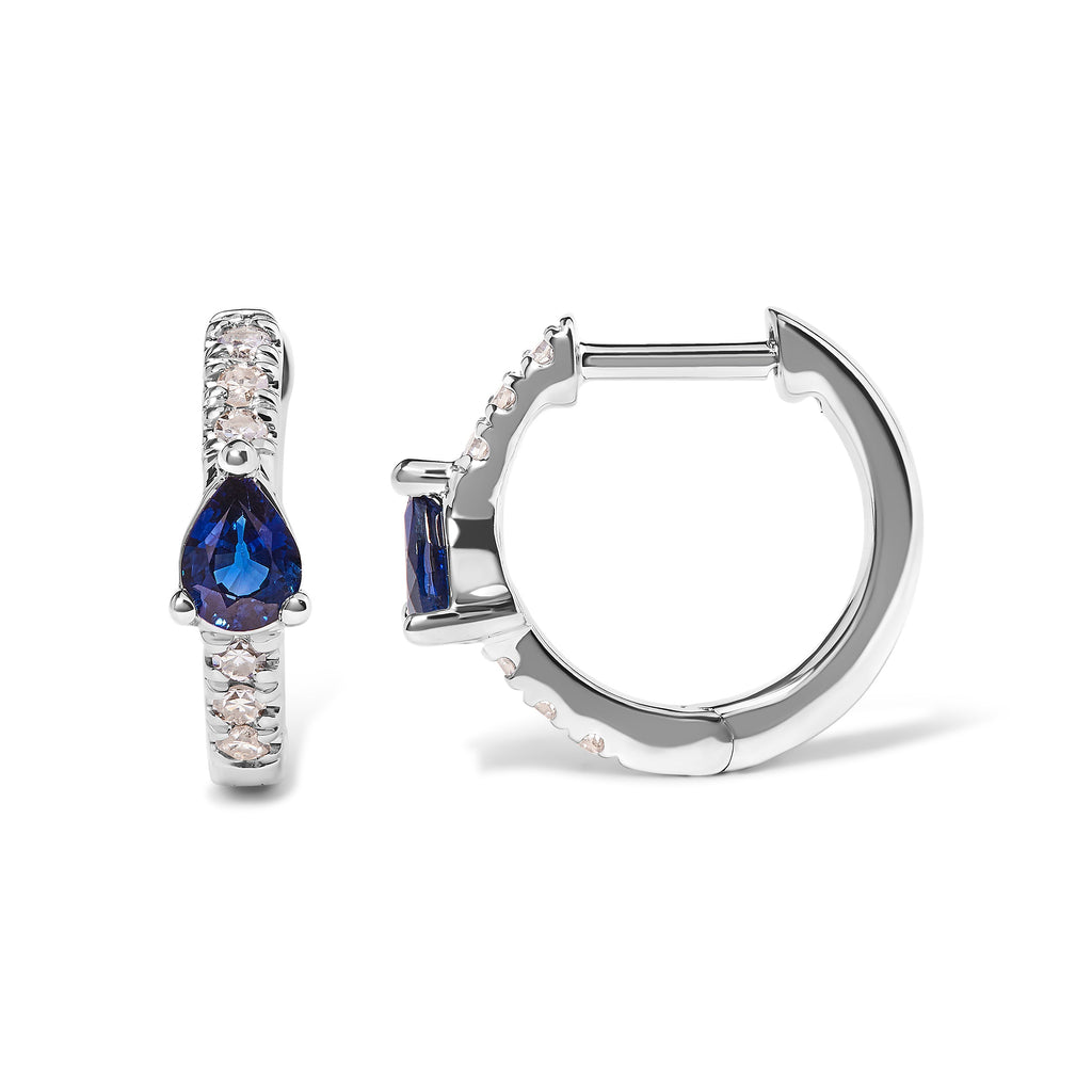 10K White Gold Pear-Shaped Blue Sapphire and 1/10 Carat Total Weight Diamond Huggie Hoop Earrings (H-I Color, I1-I2 Clarity)