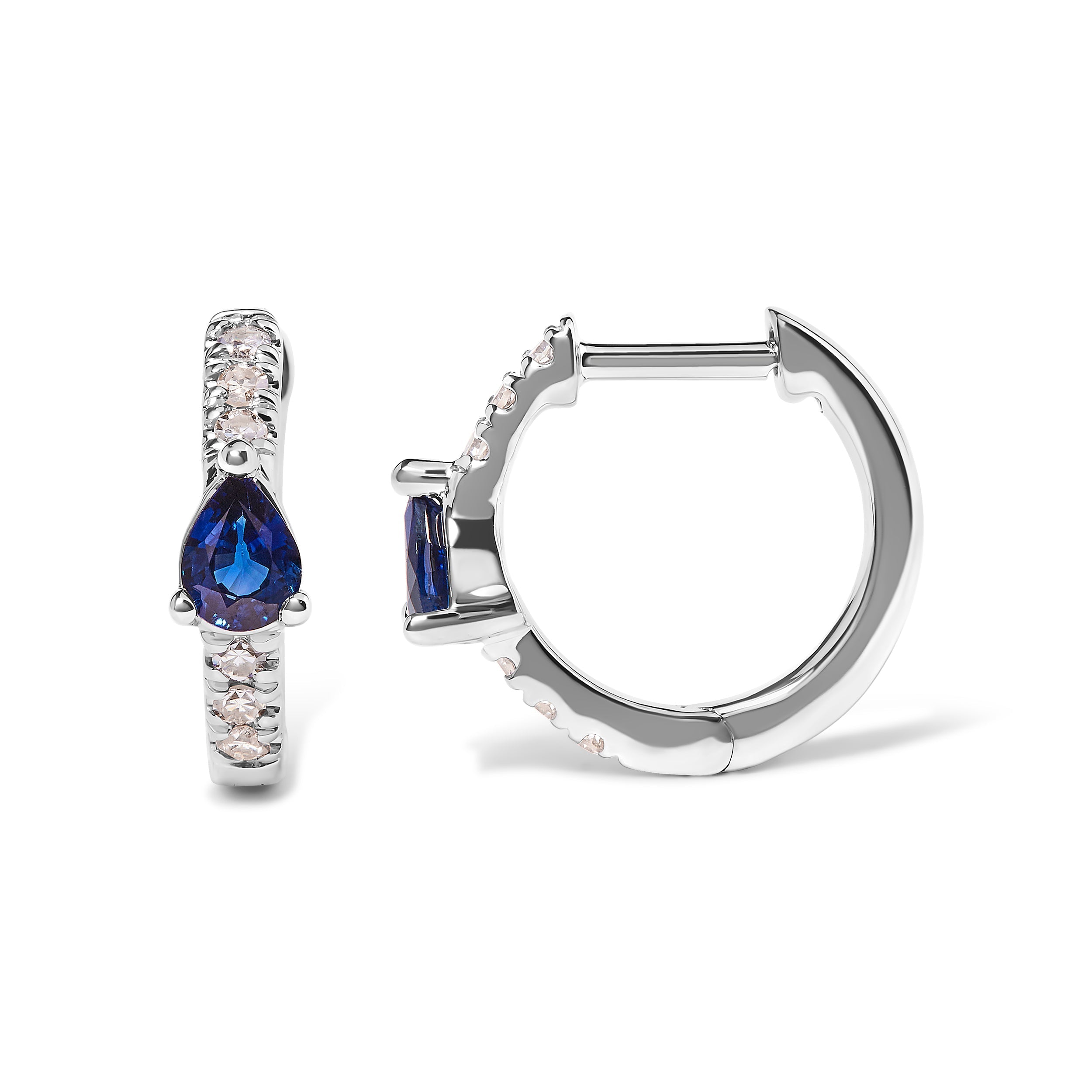 10K White Gold Pear-Shaped Blue Sapphire and 1/10 Carat Total Weight Diamond Huggie Hoop Earrings (H-I Color, I1-I2 Clarity)