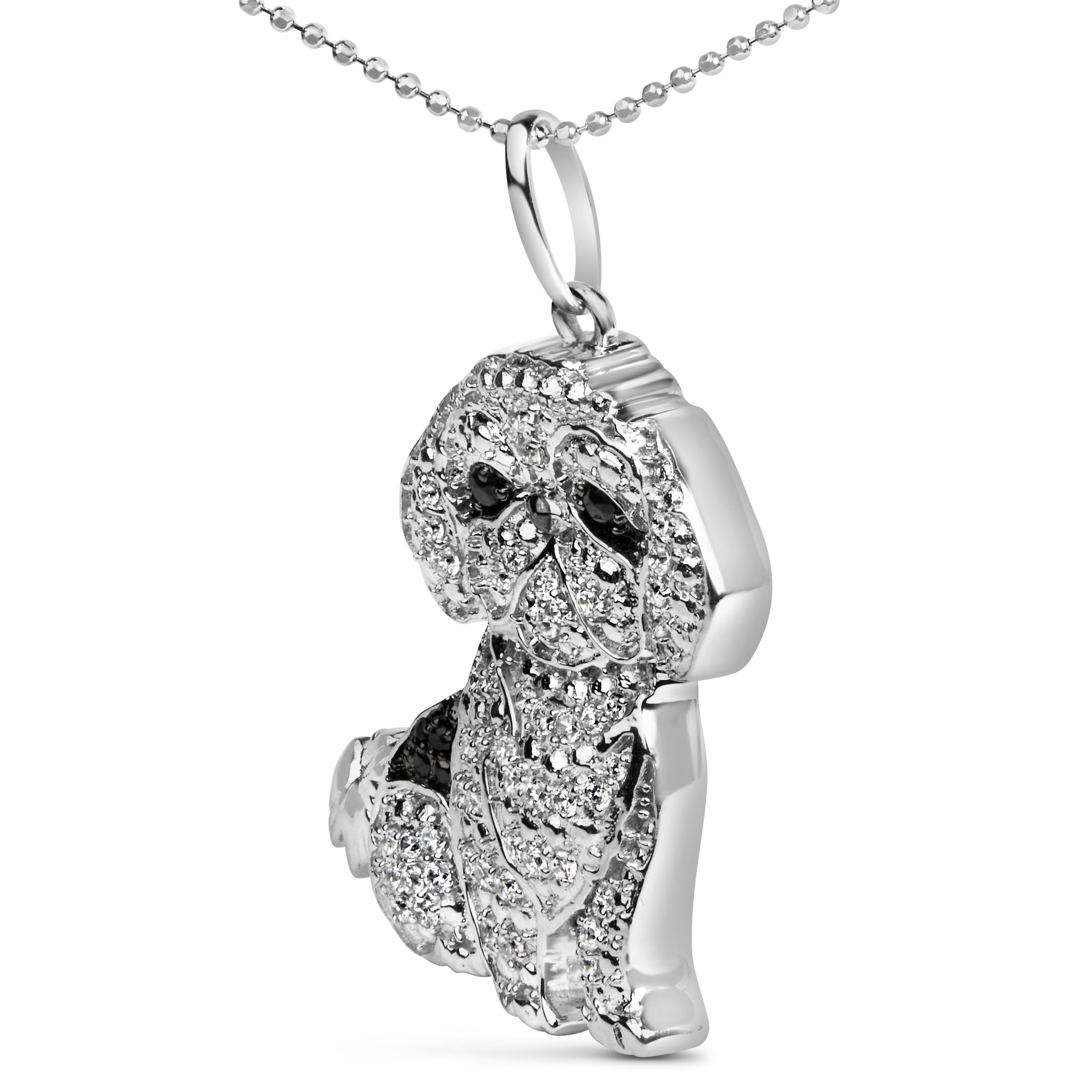 .925 Sterling Silver 1/2 Carat Total Weight White and Black Diamond Shih Tzu Dog 18" Pendant Necklace (I-J Color, I2-I3 Clarity)