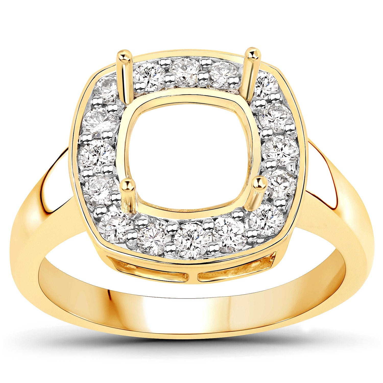 0.48 Carat Genuine White Diamond 14K Yellow Gold Semi Mount Ring - holds 8x8mm Cushion Gemstone
