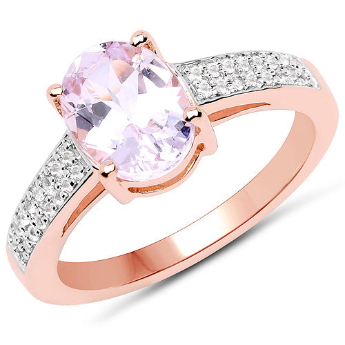 Anillo de plata de ley 925 con kunzita genuina de 2,91 quilates y circonitas blancas, chapado en oro rosa de 14 quilates.