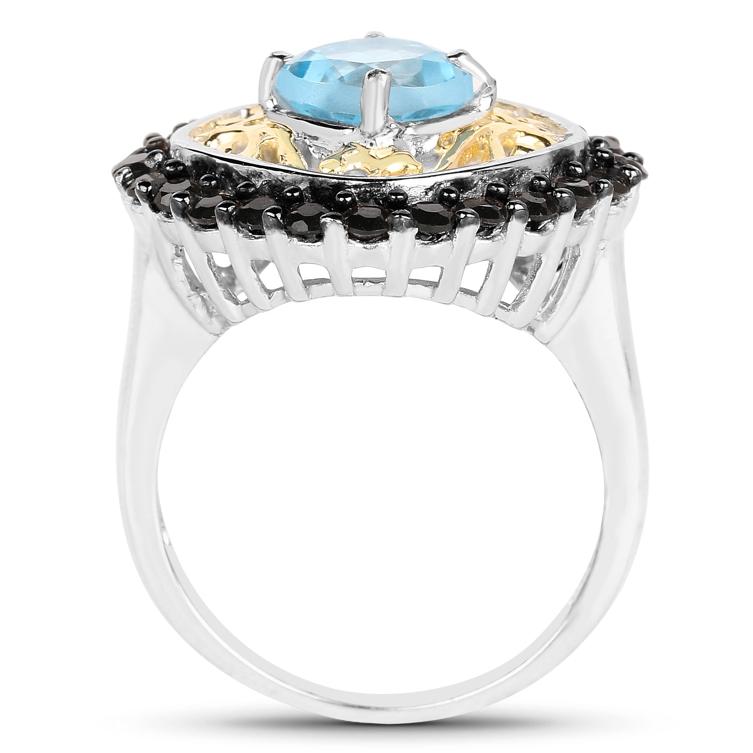 Anillo de plata de ley 925 con topacio azul suizo auténtico de 2,85 quilates y espinela negra, chapado en dos tonos