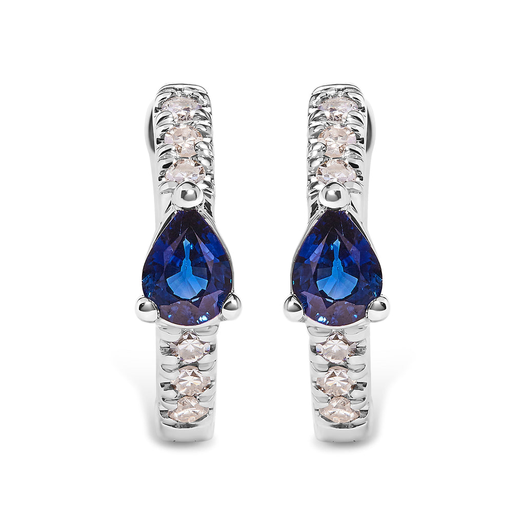 10K White Gold Pear-Shaped Blue Sapphire and 1/10 Carat Total Weight Diamond Huggie Hoop Earrings (H-I Color, I1-I2 Clarity)