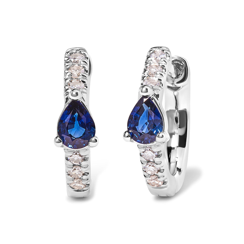 10K White Gold Pear-Shaped Blue Sapphire and 1/10 Carat Total Weight Diamond Huggie Hoop Earrings (H-I Color, I1-I2 Clarity)