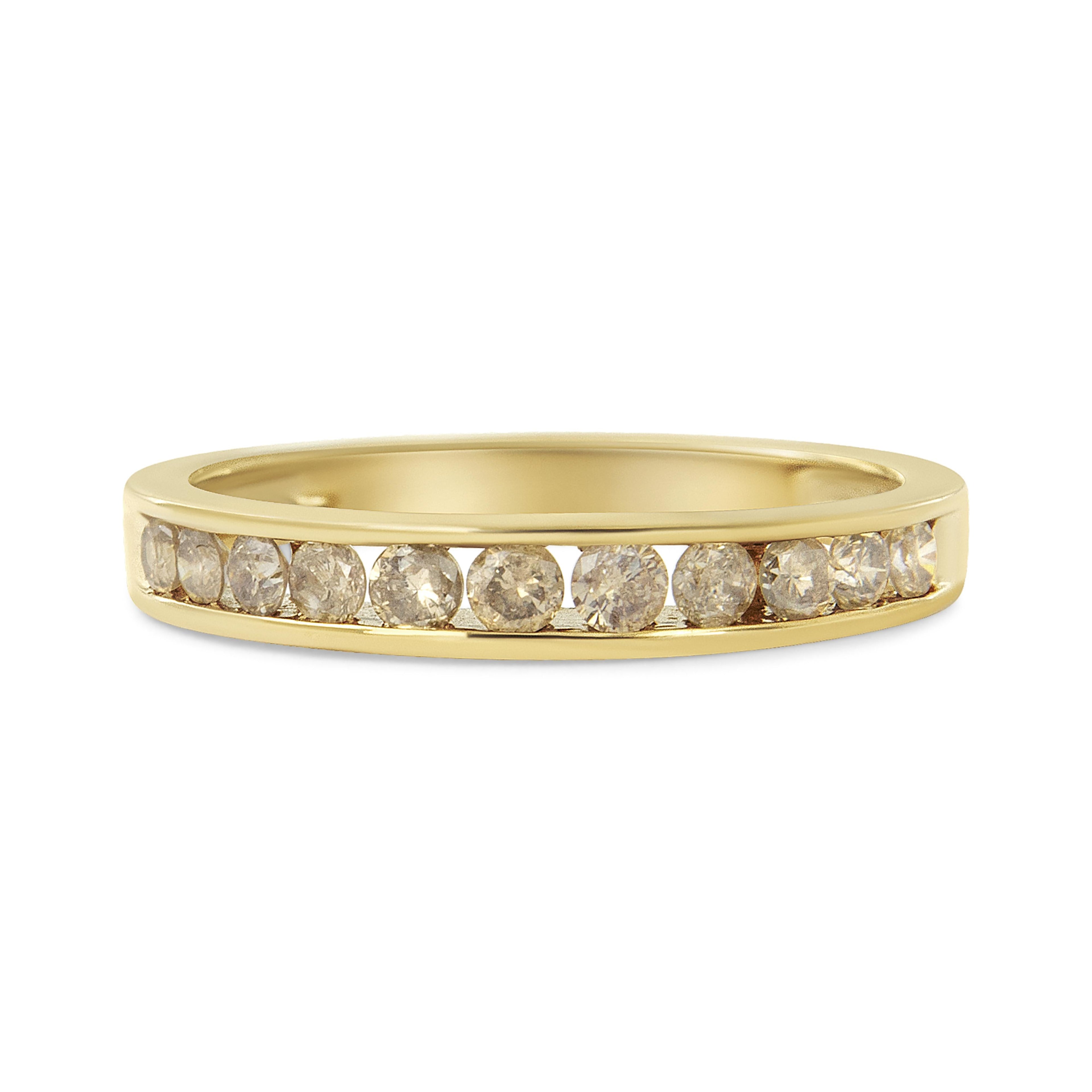 14K Yellow Gold Plated .925 Sterling Silver 1/2 Carat Total Weight Channel Set Round Champagne Diamond 11 Stone Band Ring (K-L Color, I1-I2 Clarity) - Size 7