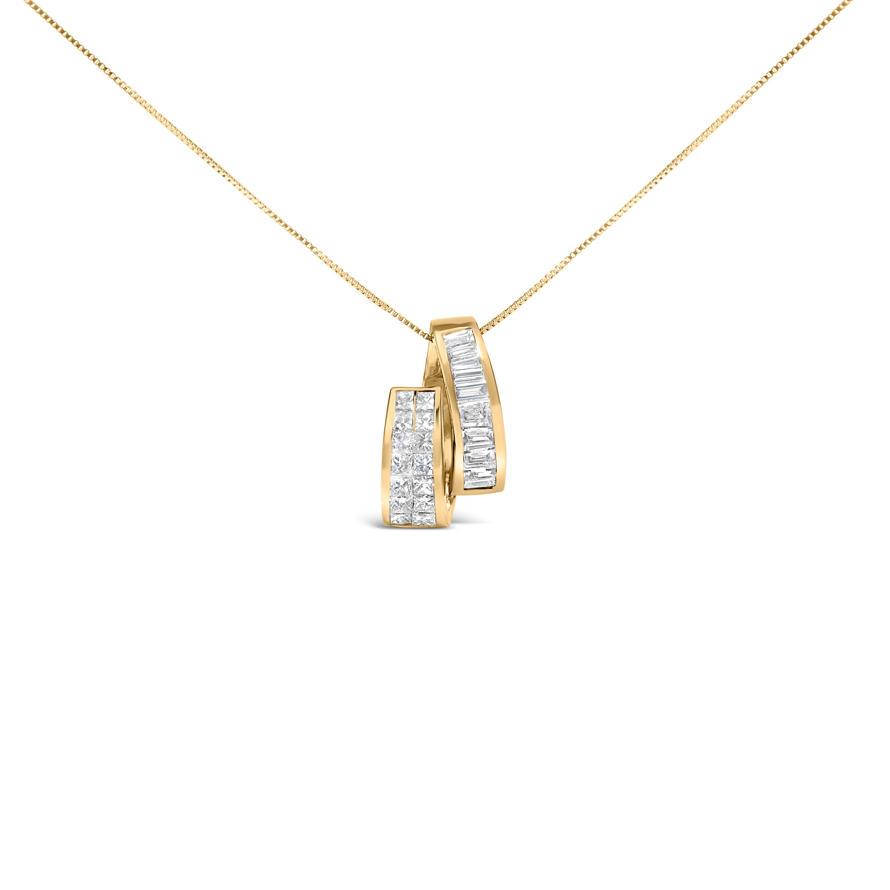 14K Yellow Gold 1 5/8 Carat Total Weight Princess and Baguette Diamond Duo Bar Pendant Necklace (G-H Color, VS2-SI1 Clarity) - 18"