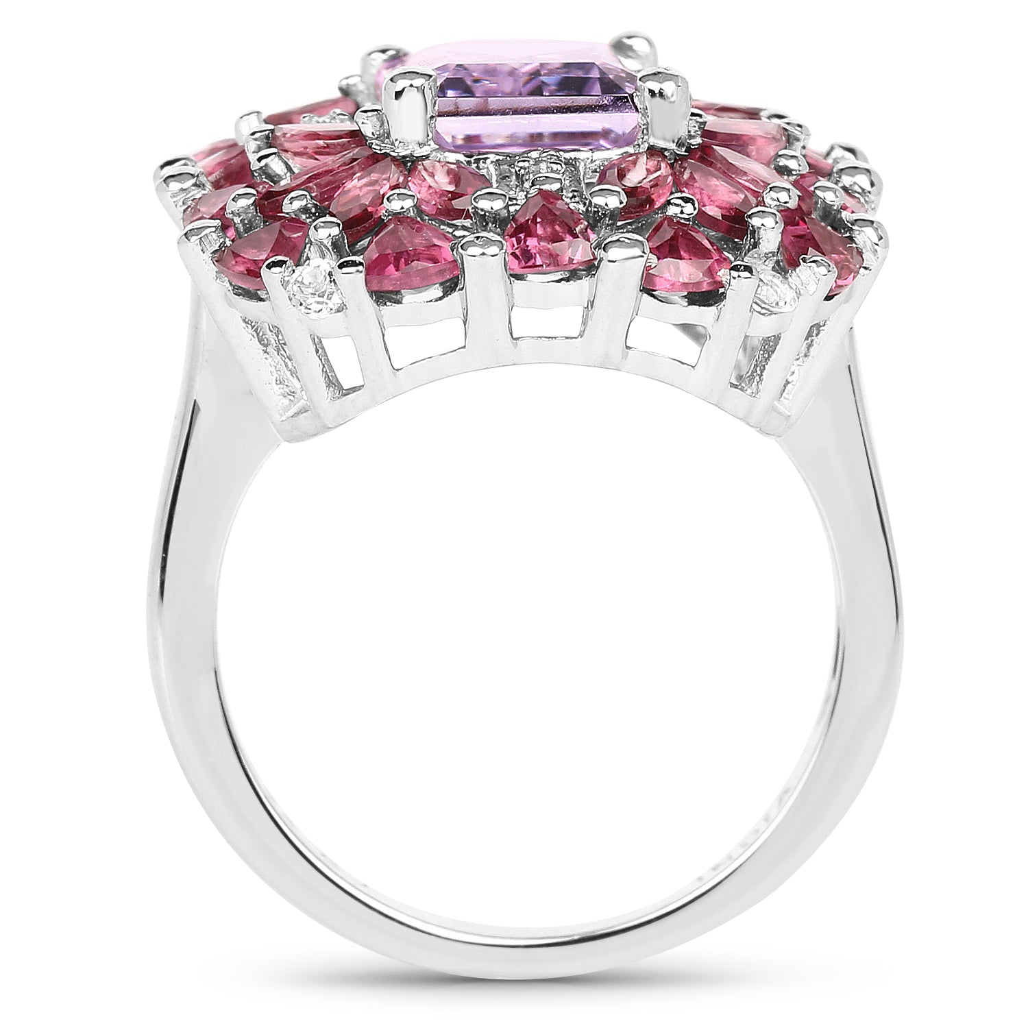 7.59 Carat Genuine Pink Amethyst, Rhodolite, and White Topaz .925 Sterling Silver Ring
