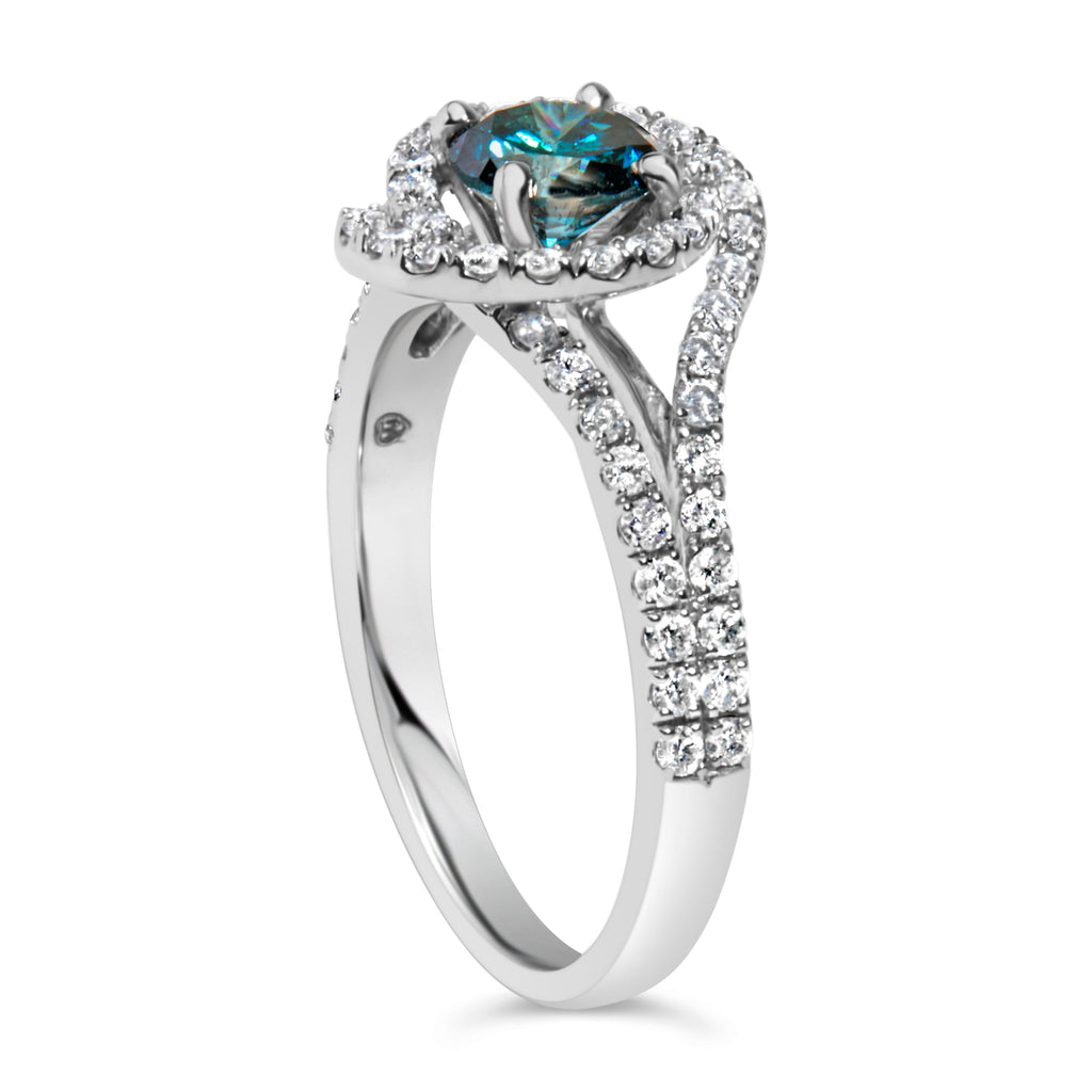 14K White Gold 1-1/3 Cttw White & Blue Diamond Interweaving Double Halo Cocktail Statement Ring (G-H and Fancy Blue Color, SI2-I1 Clarity) - Size 6