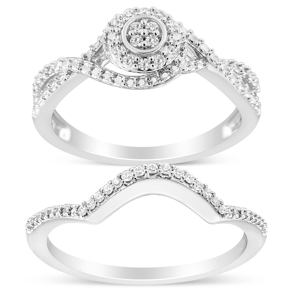 .925 Sterling Silver 1/6 Carat Total Weight Diamond Composite Halo and Split Shank Bridal Set Ring and Band (I-J Color, I3 Clarity) - Size 7