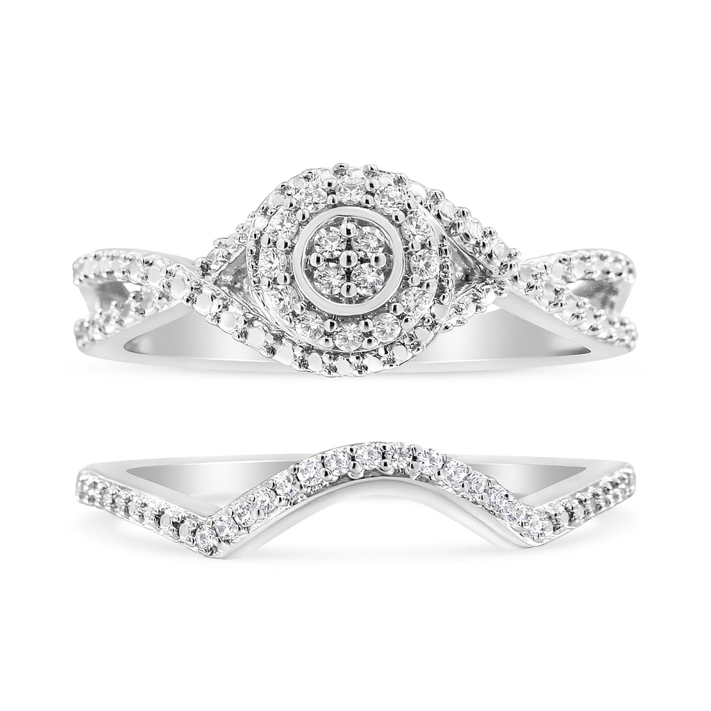 .925 Sterling Silver 1/6 Carat Total Weight Diamond Composite Halo and Split Shank Bridal Set Ring and Band (I-J Color, I3 Clarity) - Size 7