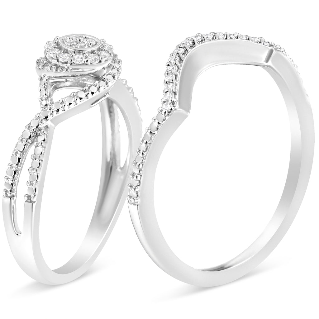 .925 Sterling Silver 1/6 Carat Total Weight Diamond Composite Halo and Split Shank Bridal Set Ring and Band (I-J Color, I3 Clarity) - Size 7
