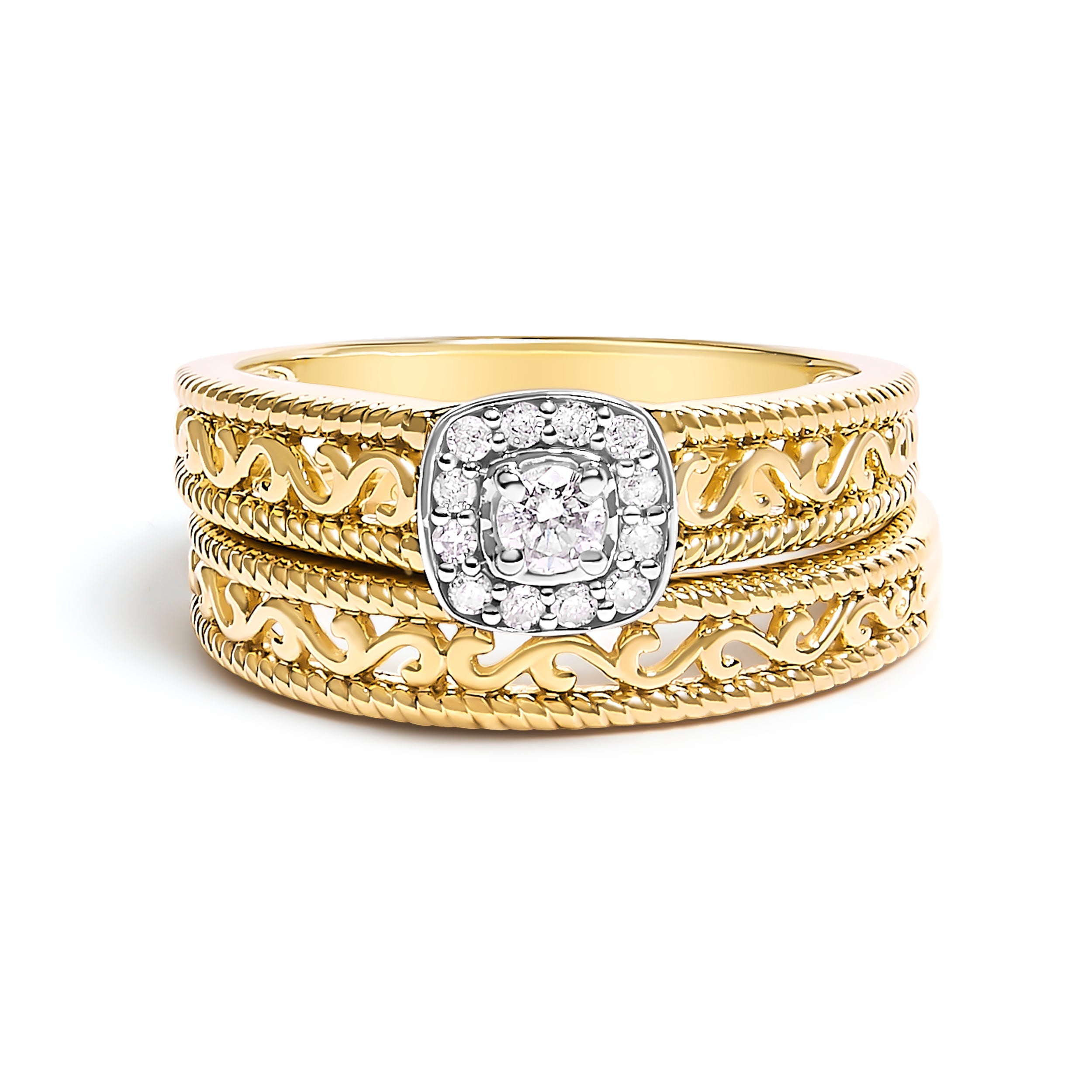 14K Yellow Gold Plated .925 Sterling Silver 1/5 Cttw Diamond Halo and Milgrain Finish Engagement Ring Bridal Set (I-J Color I3 Clarity) - Size 7