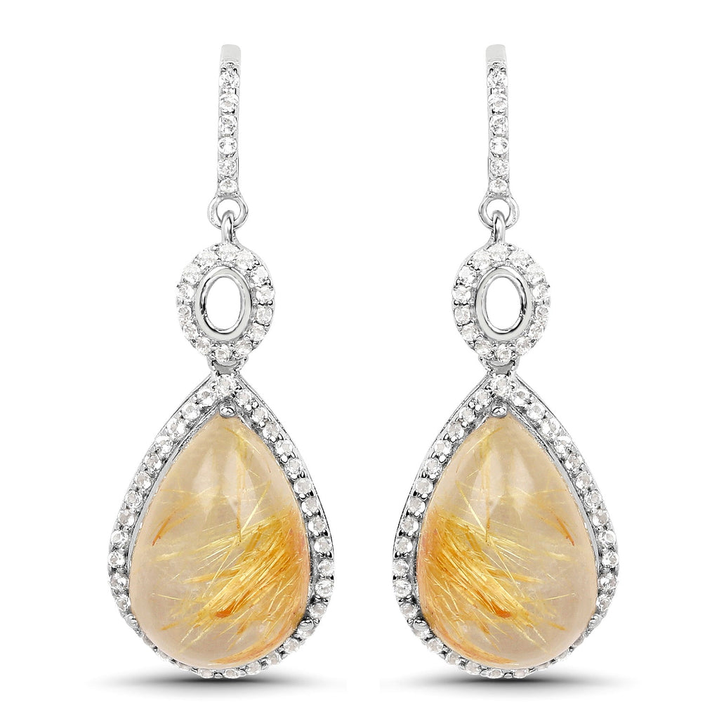 10.04 Carat Genuine Golden Rutile and White Topaz .925 Sterling Silver Earrings