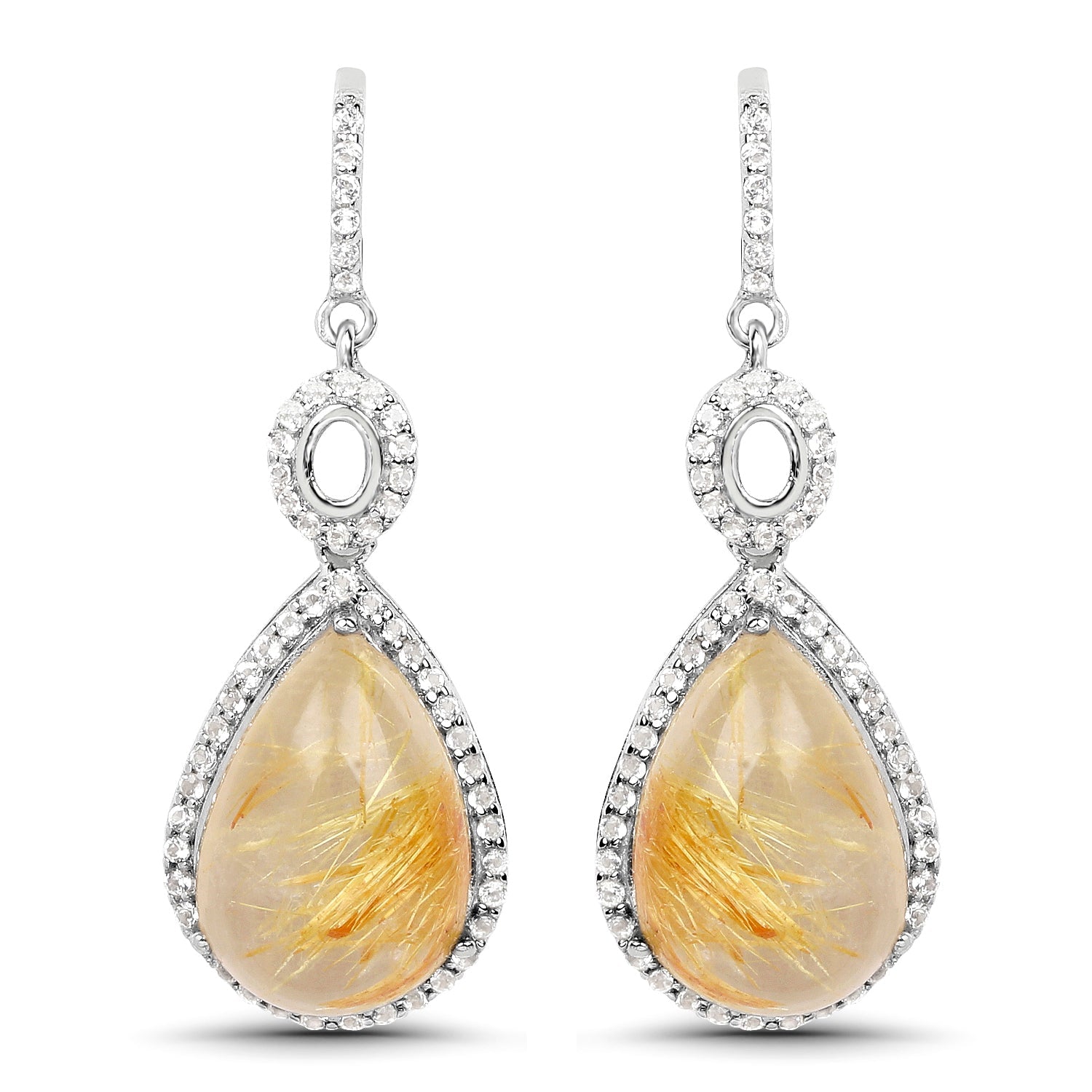 10.04 Carat Genuine Golden Rutile and White Topaz .925 Sterling Silver Earrings