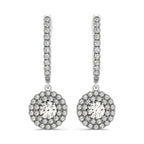 14k White Gold Double Halo Round Diamond Drop Earrings (1 ctw)