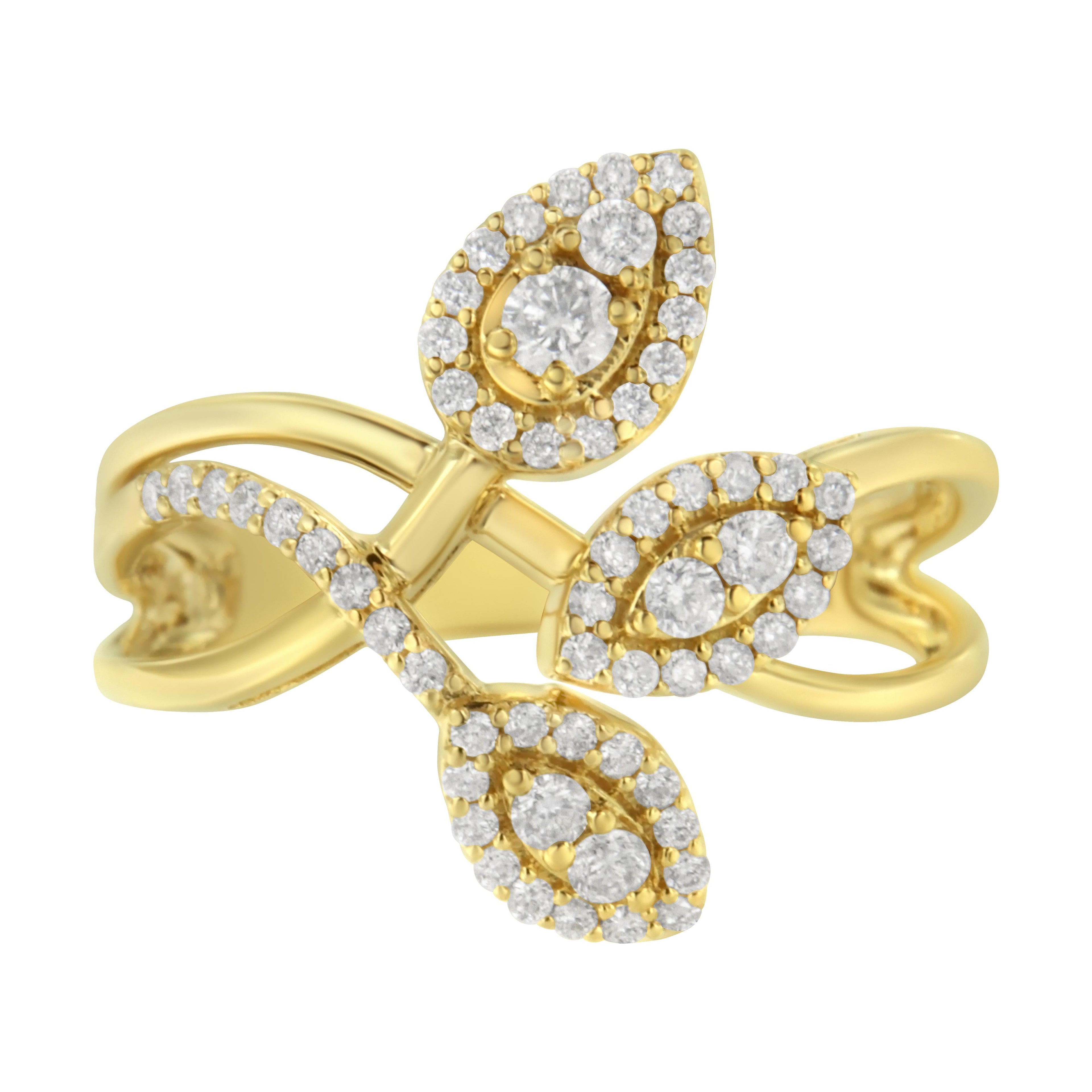 10K Yellow Gold 1/2 Carat Total Weight Round-Cut Diamond Layered Crossover Triple Leaf Bypass Ring (I-J Color, I1-I2 Clarity) - Size 7
