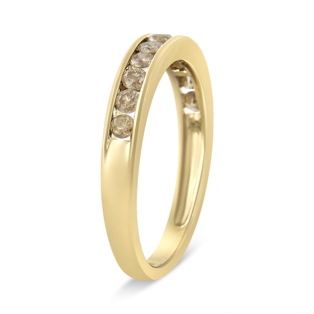 14K Yellow Gold Plated .925 Sterling Silver 1/2 Carat Total Weight Channel Set Round Champagne Diamond 11 Stone Band Ring (K-L Color, I1-I2 Clarity) - Size 7