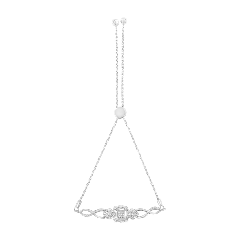.925 Sterling Silver Diamond Cushion Frame Heart-Sides Twist 4"-10" Adjustable Bolo Tennis Bolo Bracelet (I-J Color, I3 Clarity)