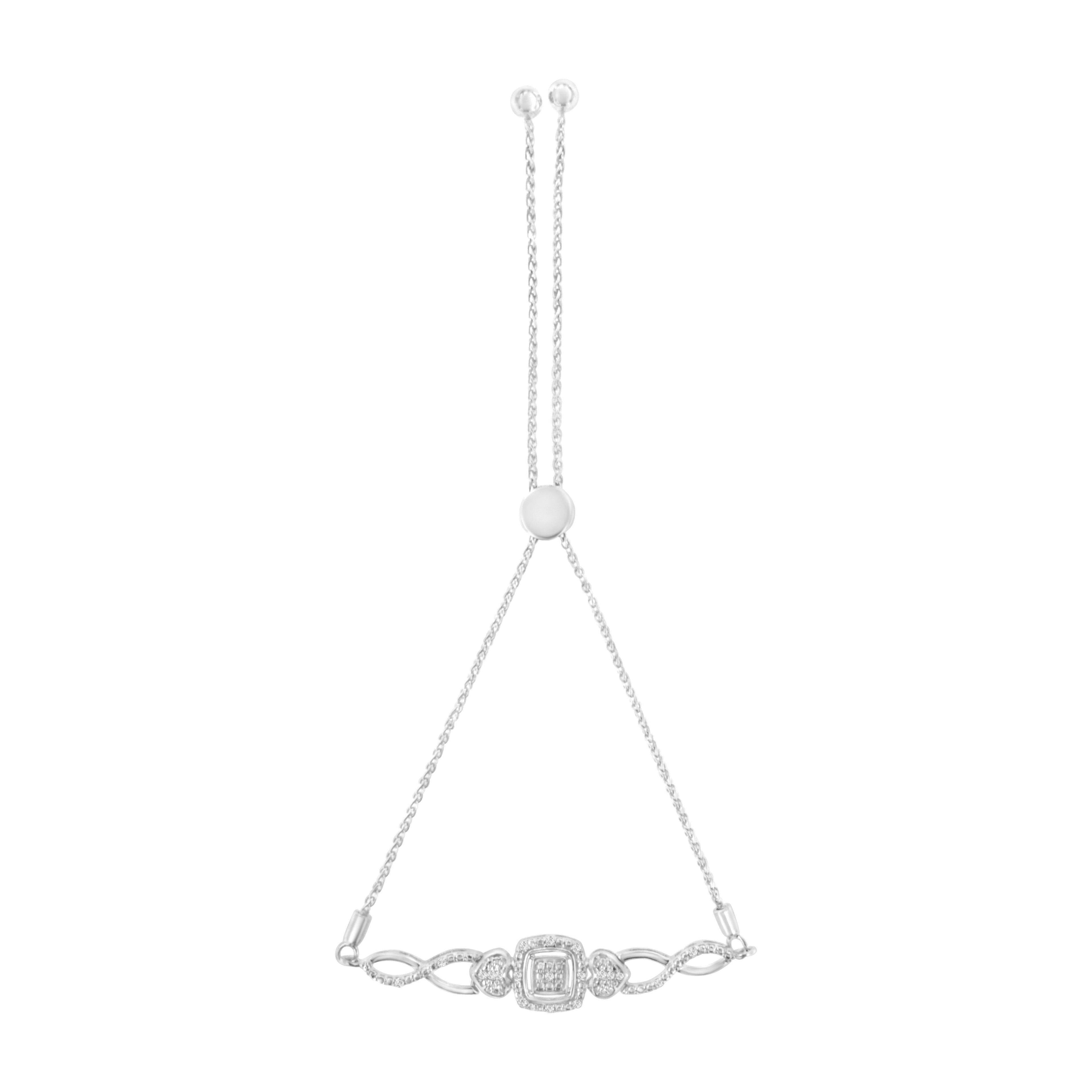 .925 Sterling Silver Diamond Cushion Frame Heart-Sides Twist 4"-10" Adjustable Bolo Tennis Bolo Bracelet (I-J Color, I3 Clarity)