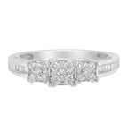 10K White Gold 1/2 Cttw Brilliant & Baguette Cut Diamond 3 Stone Design with 3 Square Clusters Engagement Ring (H-I Color, SI2-I1 Clarity) - Size 6-3/4
