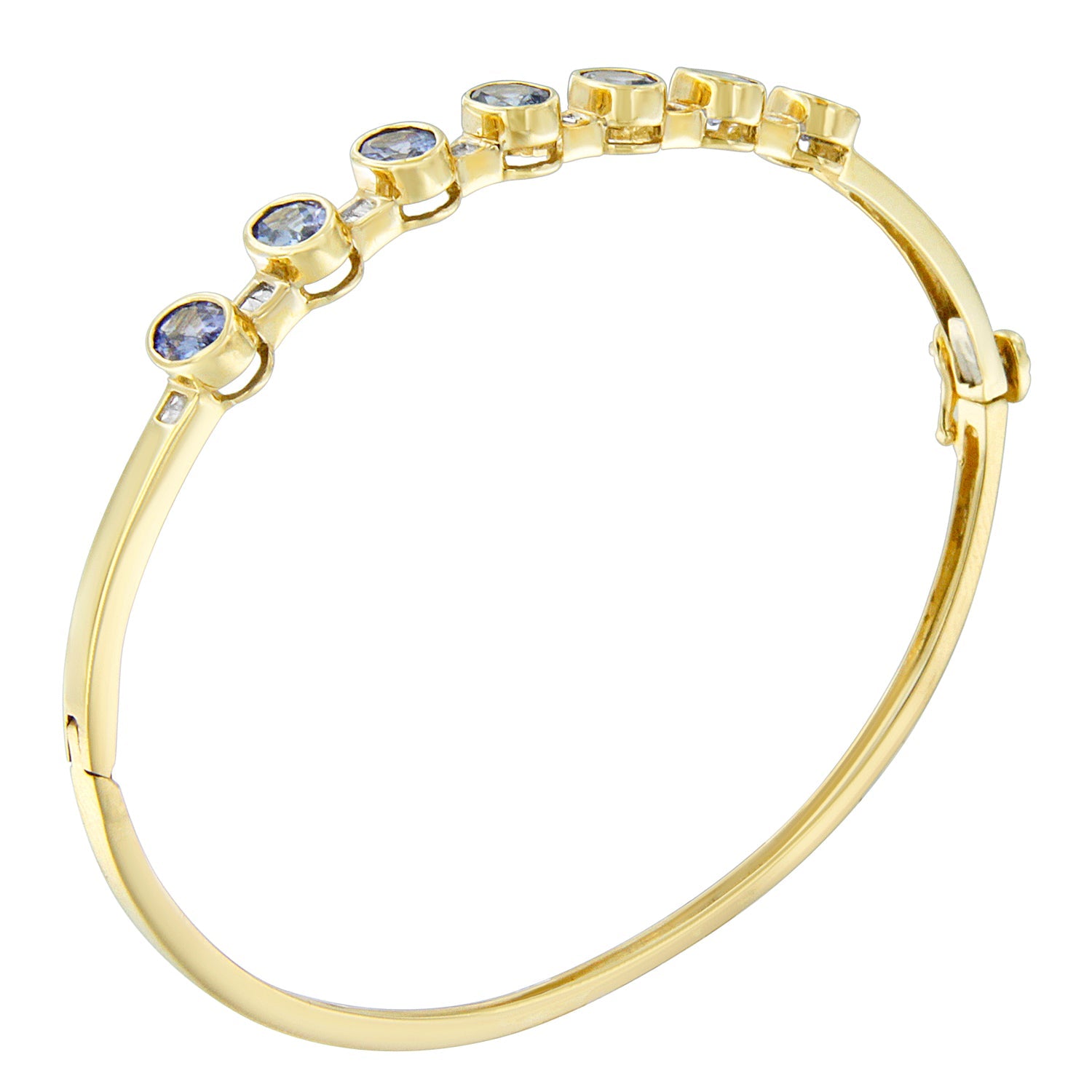 14K Yellow Gold Alternating Bezel Set 5MM Oval Shaped Tanzanite and 1/5 Cttw Diamond Bangle Bracelet (H-I Color, VS2-SI1 Clarity) - Fits wrists up to 7.25" Inches