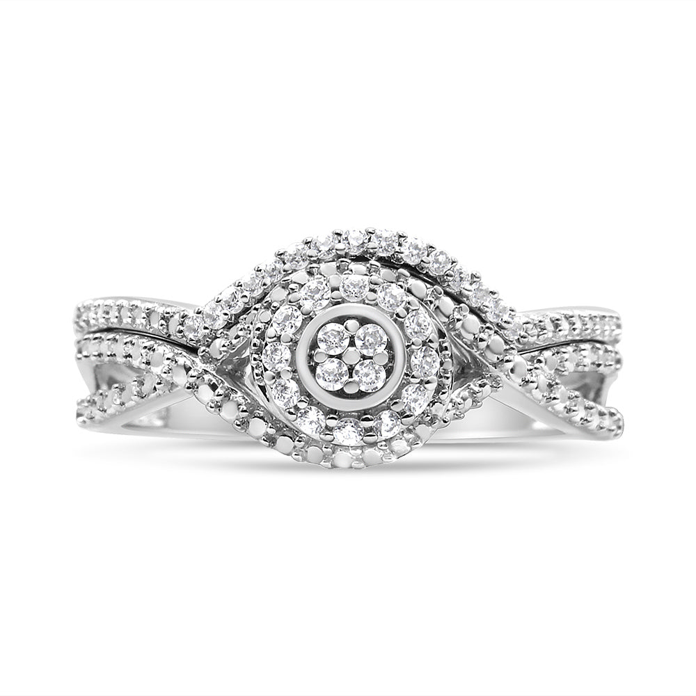 .925 Sterling Silver 1/6 Carat Total Weight Diamond Composite Halo and Split Shank Bridal Set Ring and Band (I-J Color, I3 Clarity) - Size 7