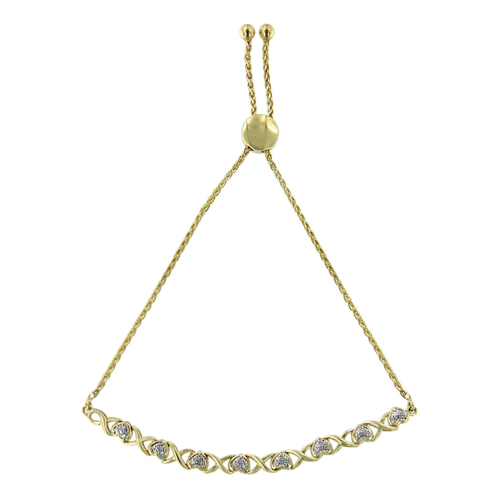 10K Yellow Gold over .925 Sterling Silver 1/10 Cttw Diamond Heart and X-Link 6"-9" Adjustable Bolo Bracelet (H-I Color, I2-I3 Clarity)