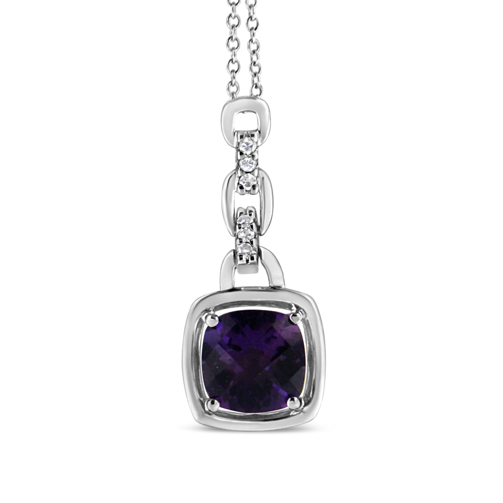 .925 Sterling Silver 6x6MM Cushion Shaped Natural Purple Amethyst and Diamond Accented Bail 18" Inch Pendant Necklace (I-J Color, I1-I2 Clarity)
