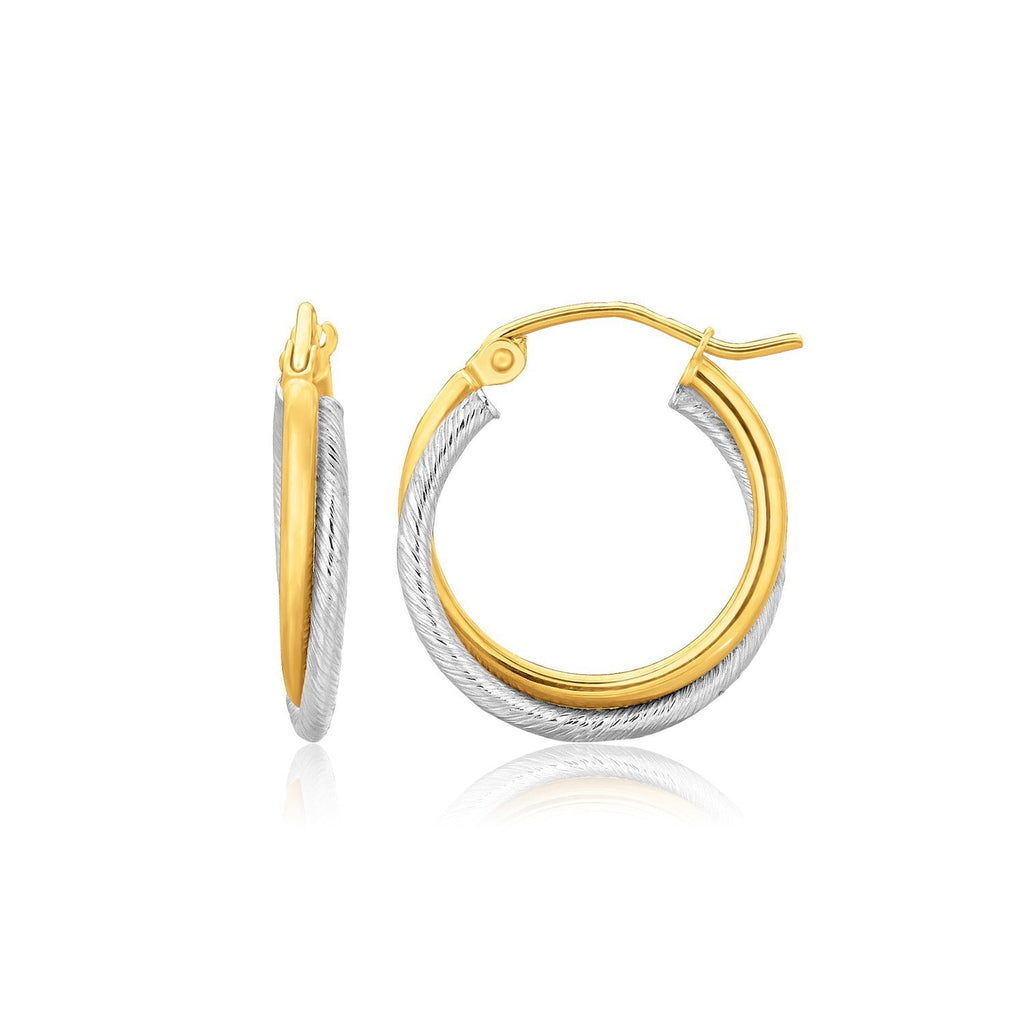 14k Two-Tone Gold Double Polished and Textured Hoop Earrings